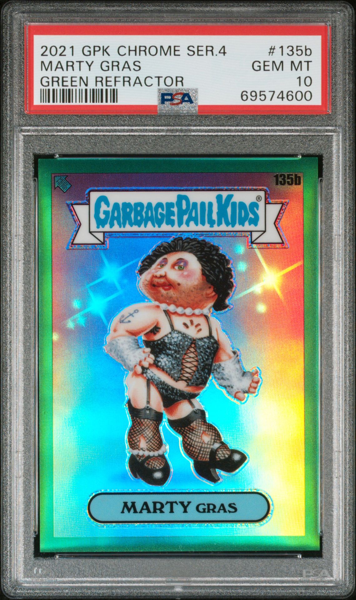 2021 Topps GARBAGE PAIL KIDS CHROME Green Refractor #135B Marty Gras front
