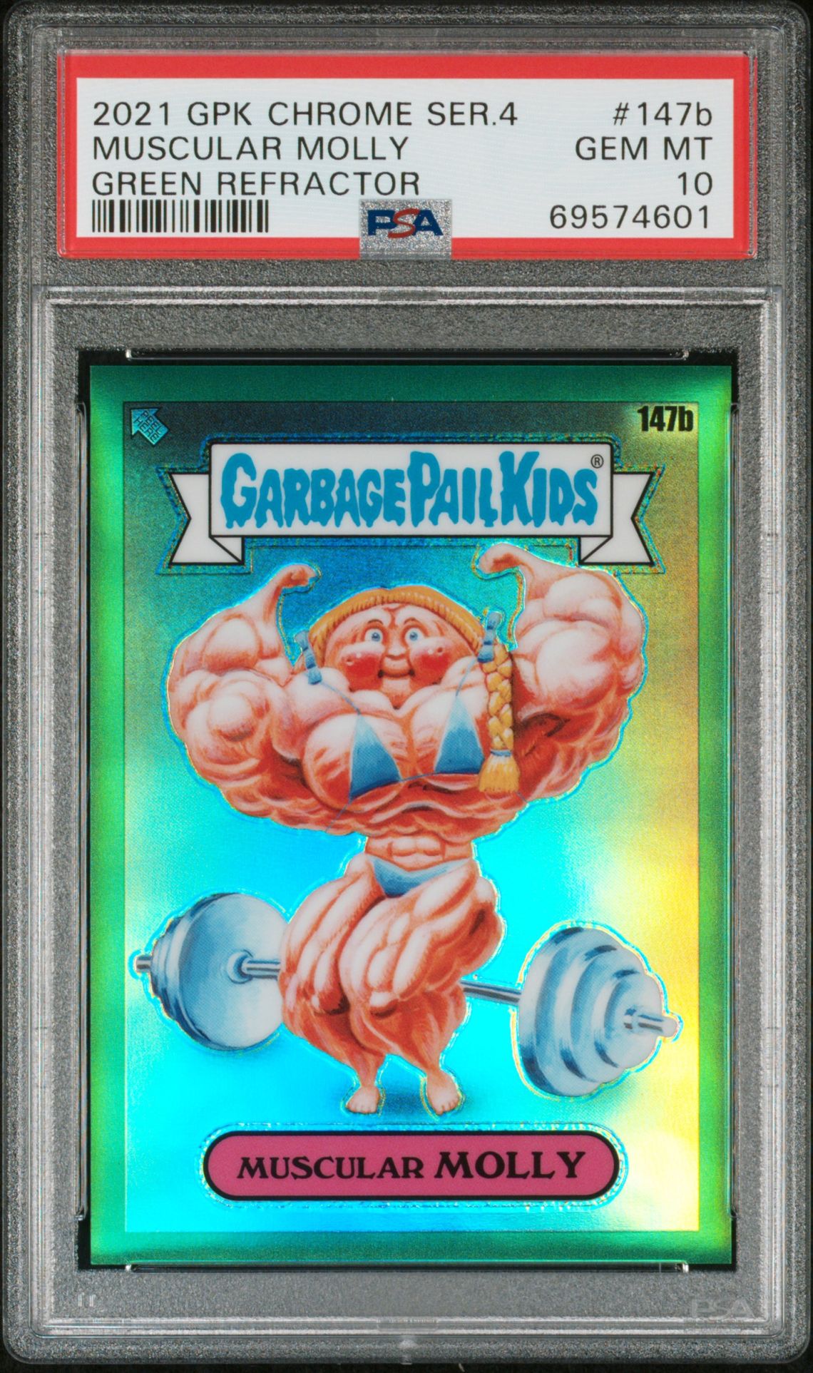 2021 Topps GARBAGE PAIL KIDS CHROME Green Refractor #147B Muscular Molly front