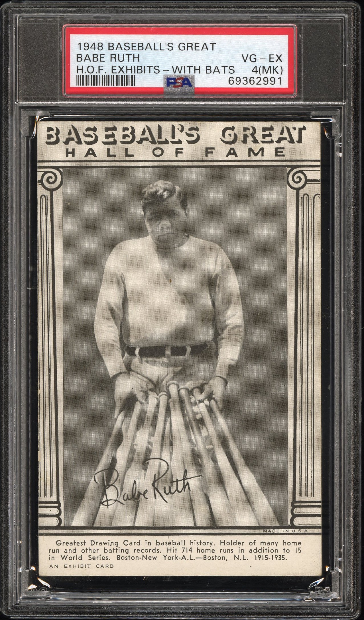 Jeff Sherwood's 1948 Baseball's Great Hall Of Fame Exhibits Babe Ruth H.O.F.  Exhibits-With Bats PSA 4 | Card Ladder, image size:1277x2177