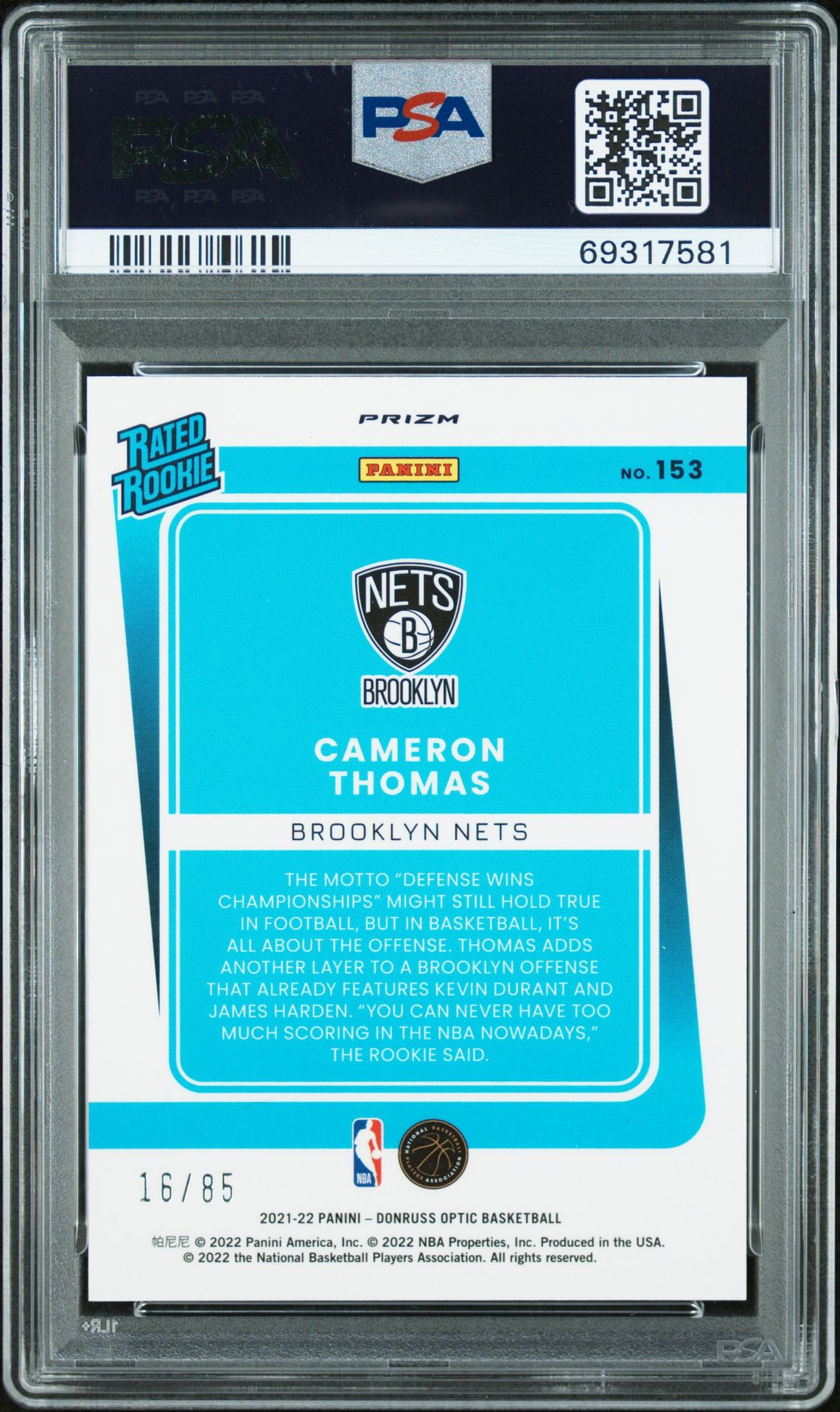 2021 Panini Donruss Optic Cameron Thomas #153 (Fast Break Red) Gem Mt 10 back