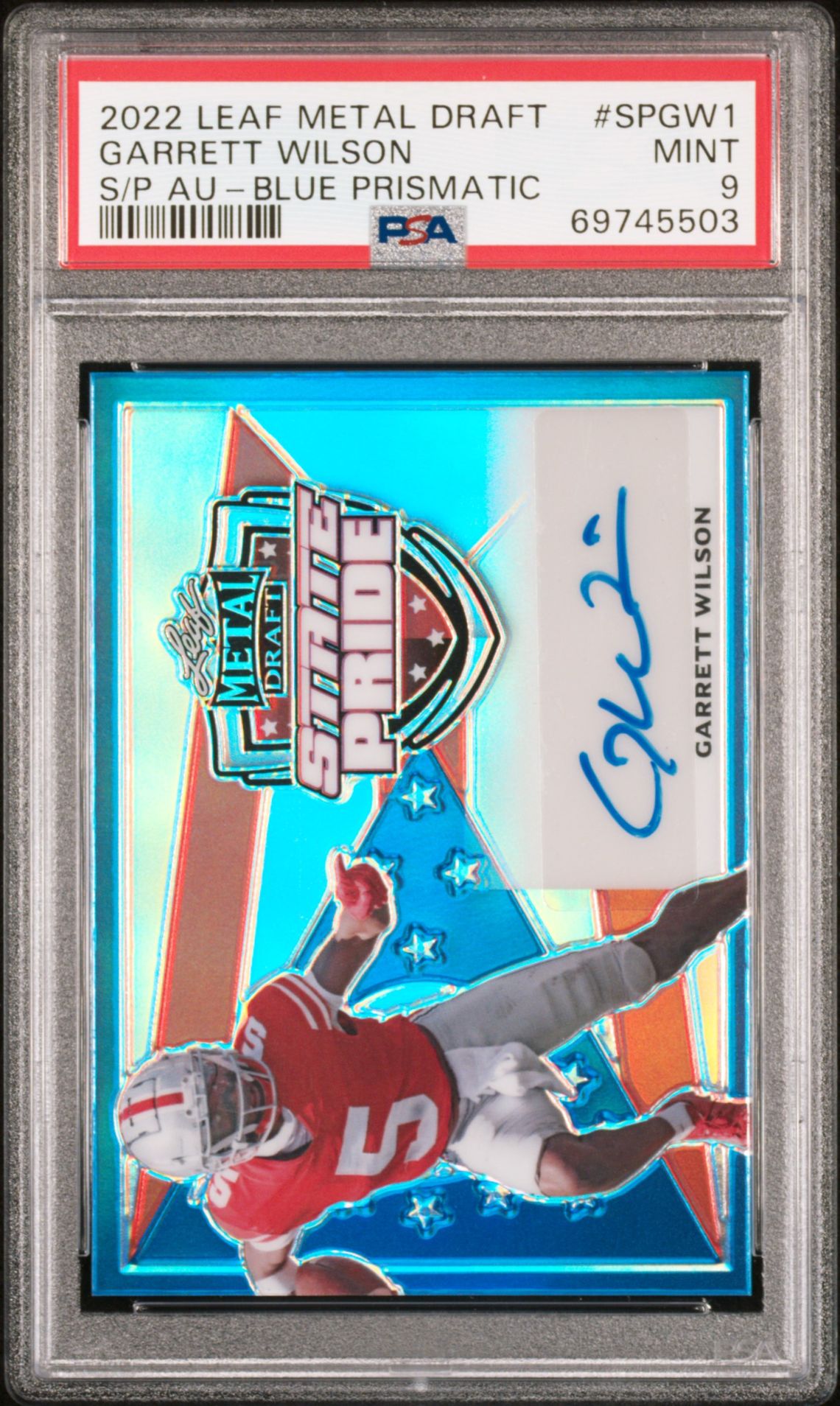 2022 Leaf LEAF METAL DRAFT STATE PRIDE AUTOGRAPHS S/P AU-BLUE PRISMATIC #SPGW1 Garrett Wilson front
