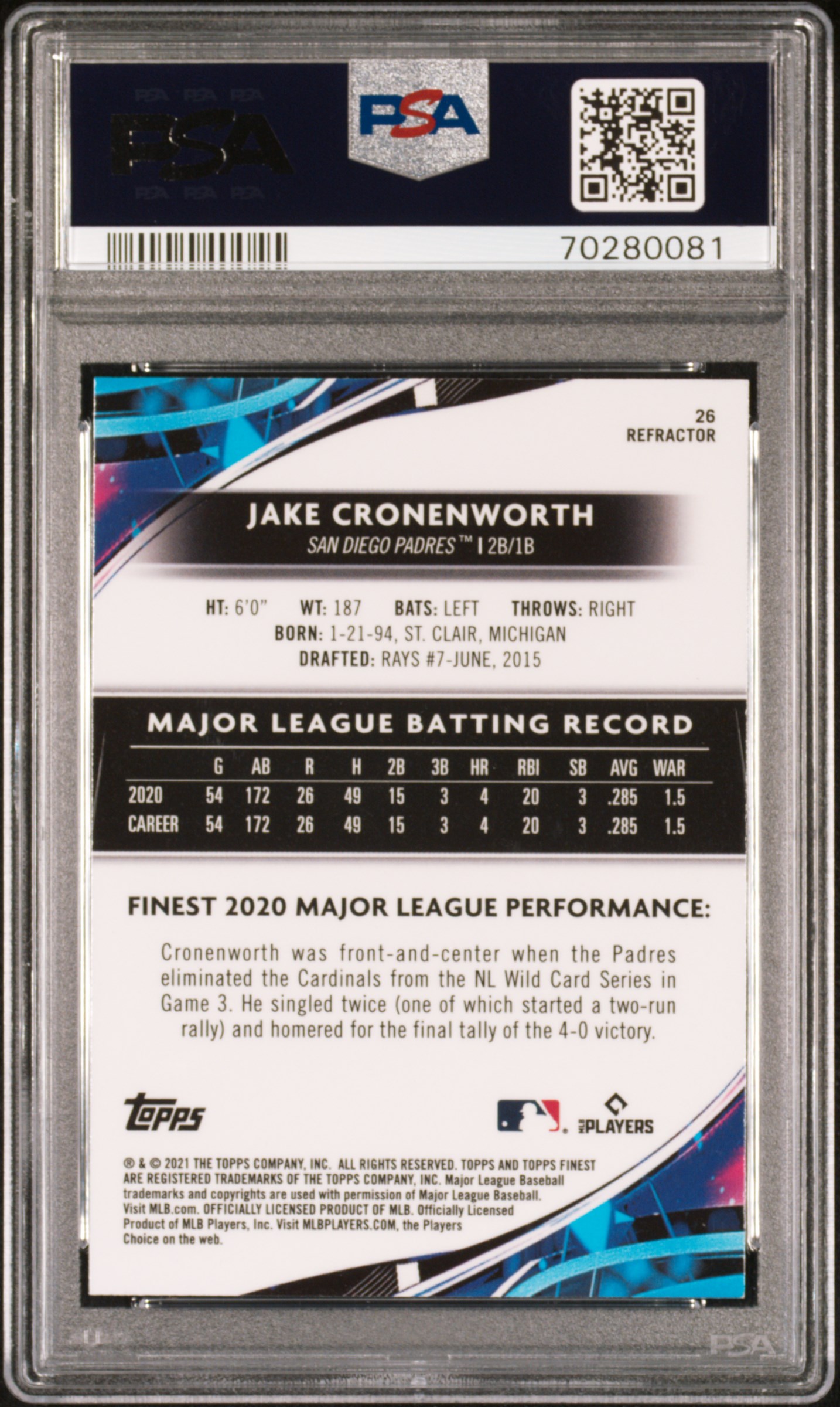 2021 Topps Finest Jake Cronenworth #26 (Refractor) Mint 9 back