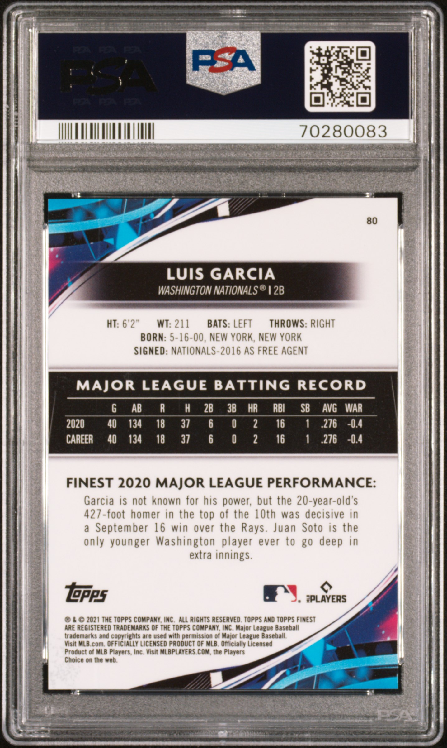 2021 Topps Finest Luis Garcia #80 (Green Speckle Refractor) Gem Mt 10 back