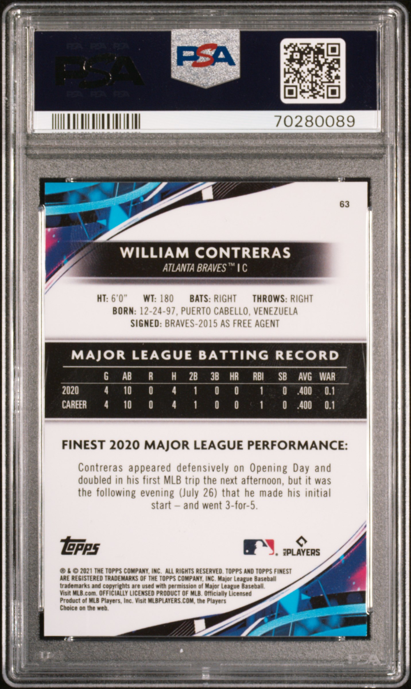 2021 Topps Finest William Contreras #63 (Aqua Shimmer Refractor) Mint 9 back