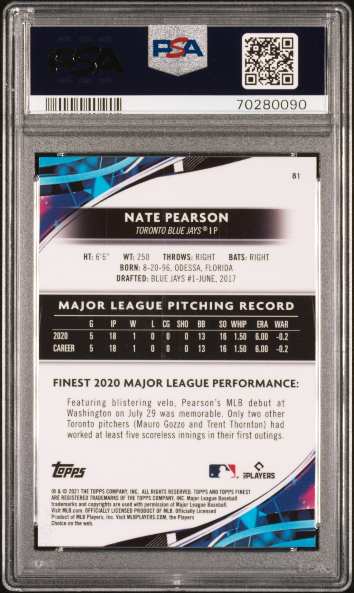 2021 Topps Finest Nate Pearson #81 (Aqua Refractor) Mint 9 back