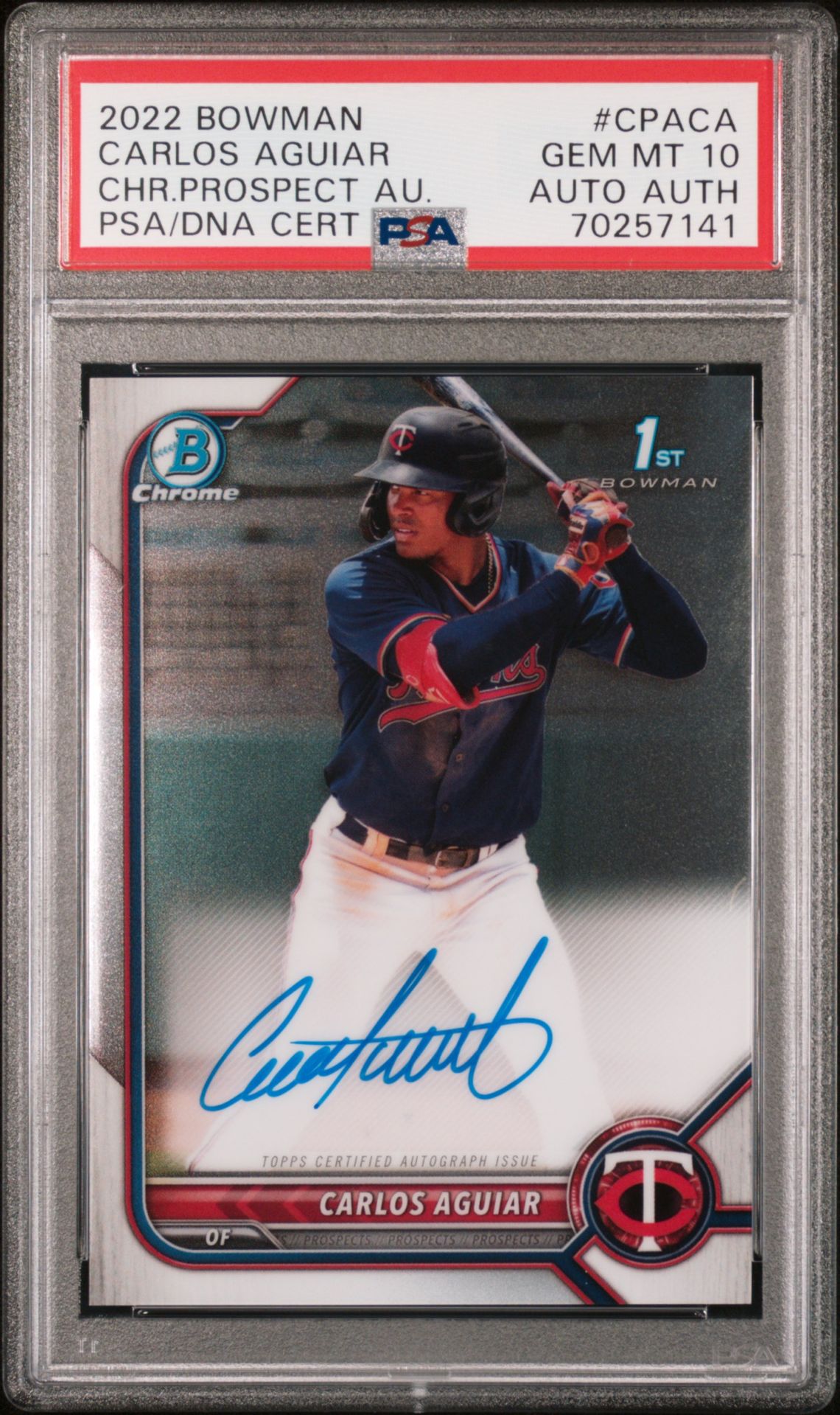 2022 Bowman BOWMAN CHROME PROSPECT AUTOGRAPHS CHR.PROSPECT AU.CertificationPrimary Signer (1 Signer)CARLOS AGUIAR #CPACA Carlos Aguiar front