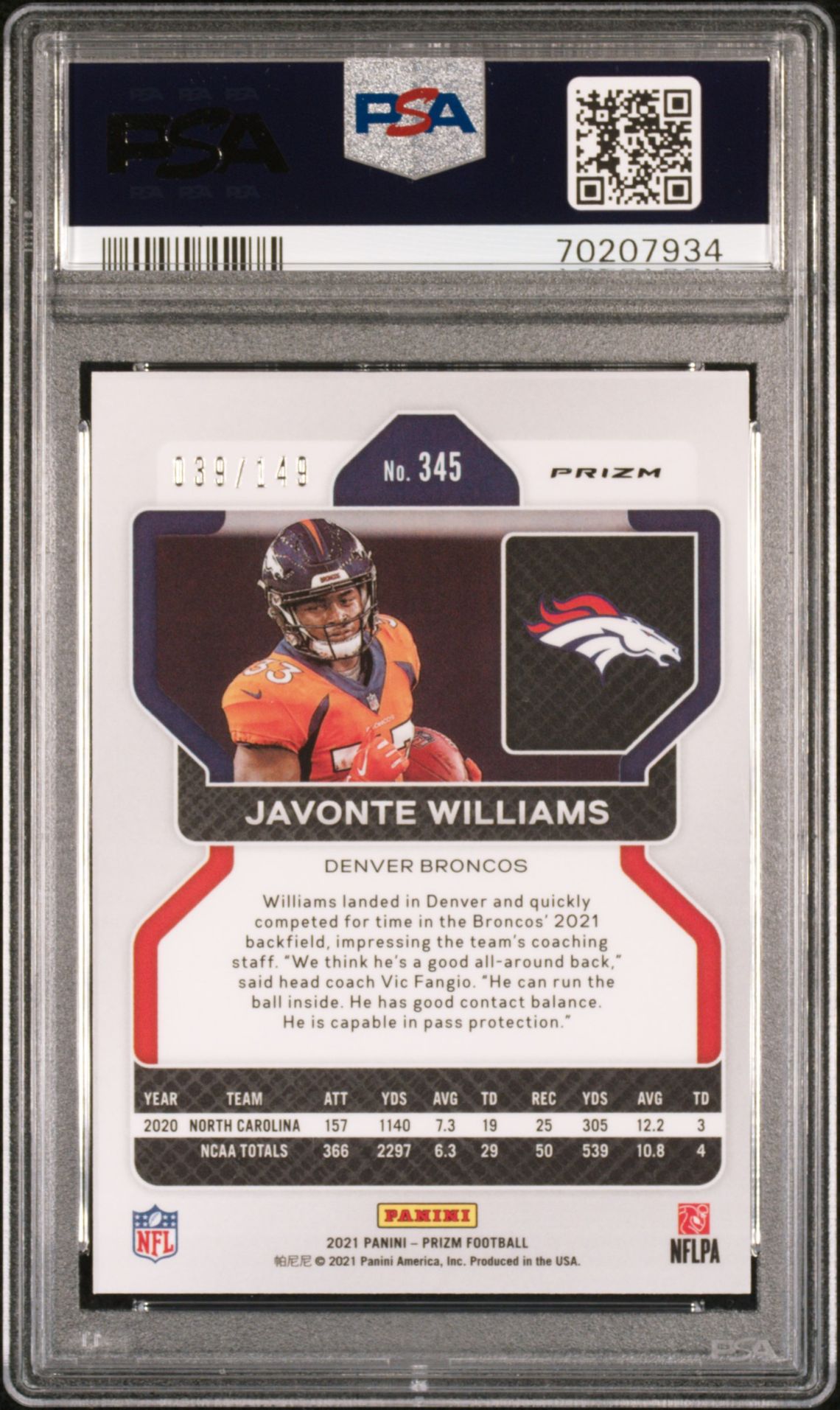 2021 Panini Prizm Javonte Williams #345 (Red Wave) Mint 9 back