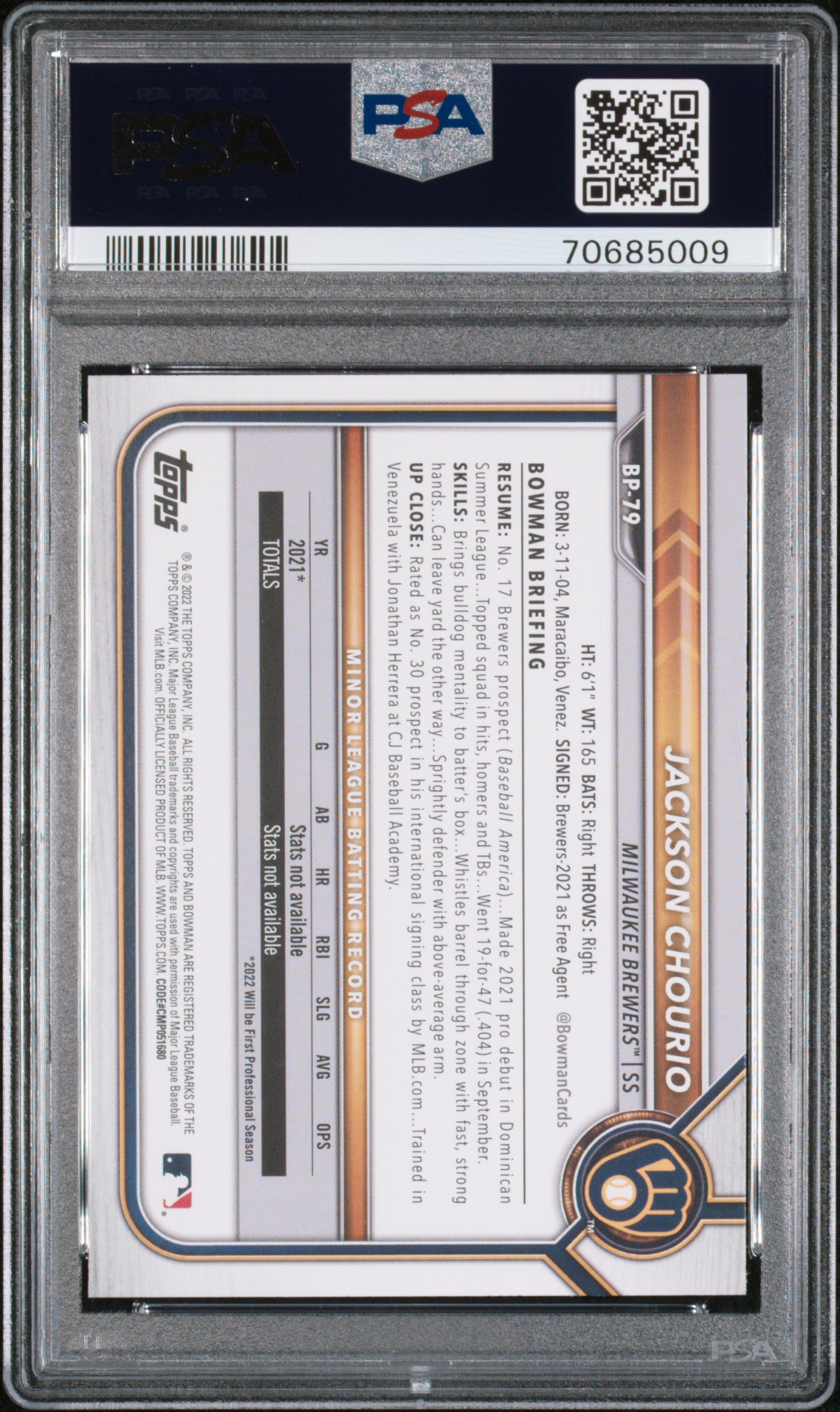 2022 Bowman Paper Prospects Jackson Chourio #Bp79 (Paper Prospects) Gem Mt 10 back