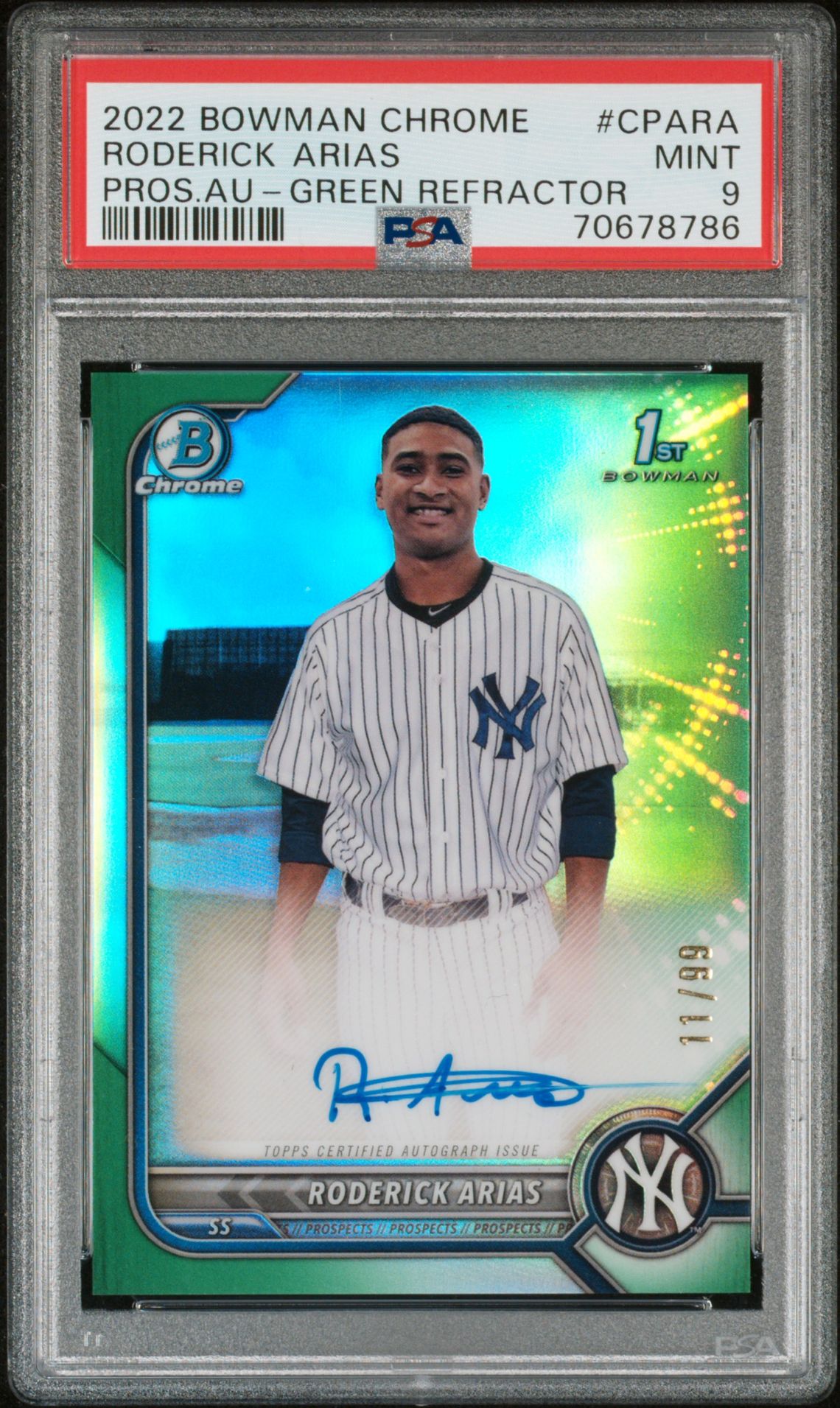 2022 Bowman Chrome Prospect Autographs Roderick Arias #Cpara (Pros.au-Green Refractor) Mint 9 front