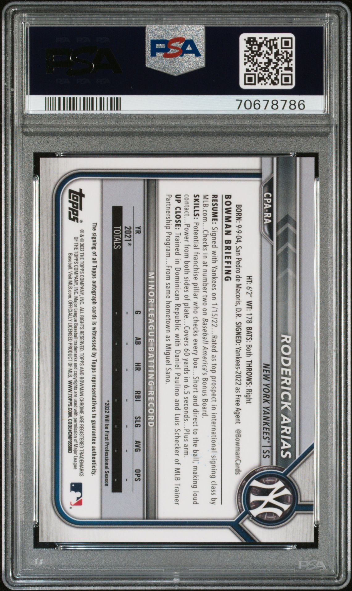 2022 Bowman Chrome Prospect Autographs Roderick Arias #Cpara (Pros.au-Green Refractor) Mint 9 back
