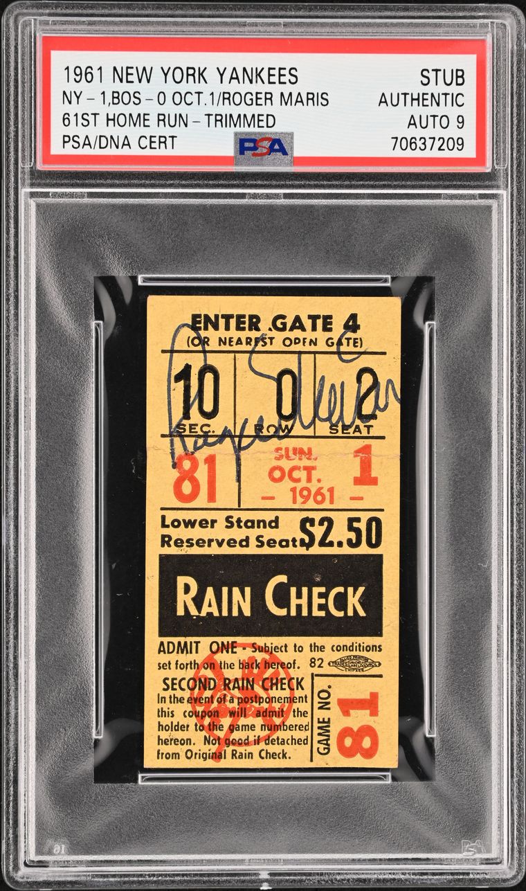Signed ticket stub from Roger Maris's 61st home run in 1961, graded PSA Authentic Altered with a separate autograph grade
