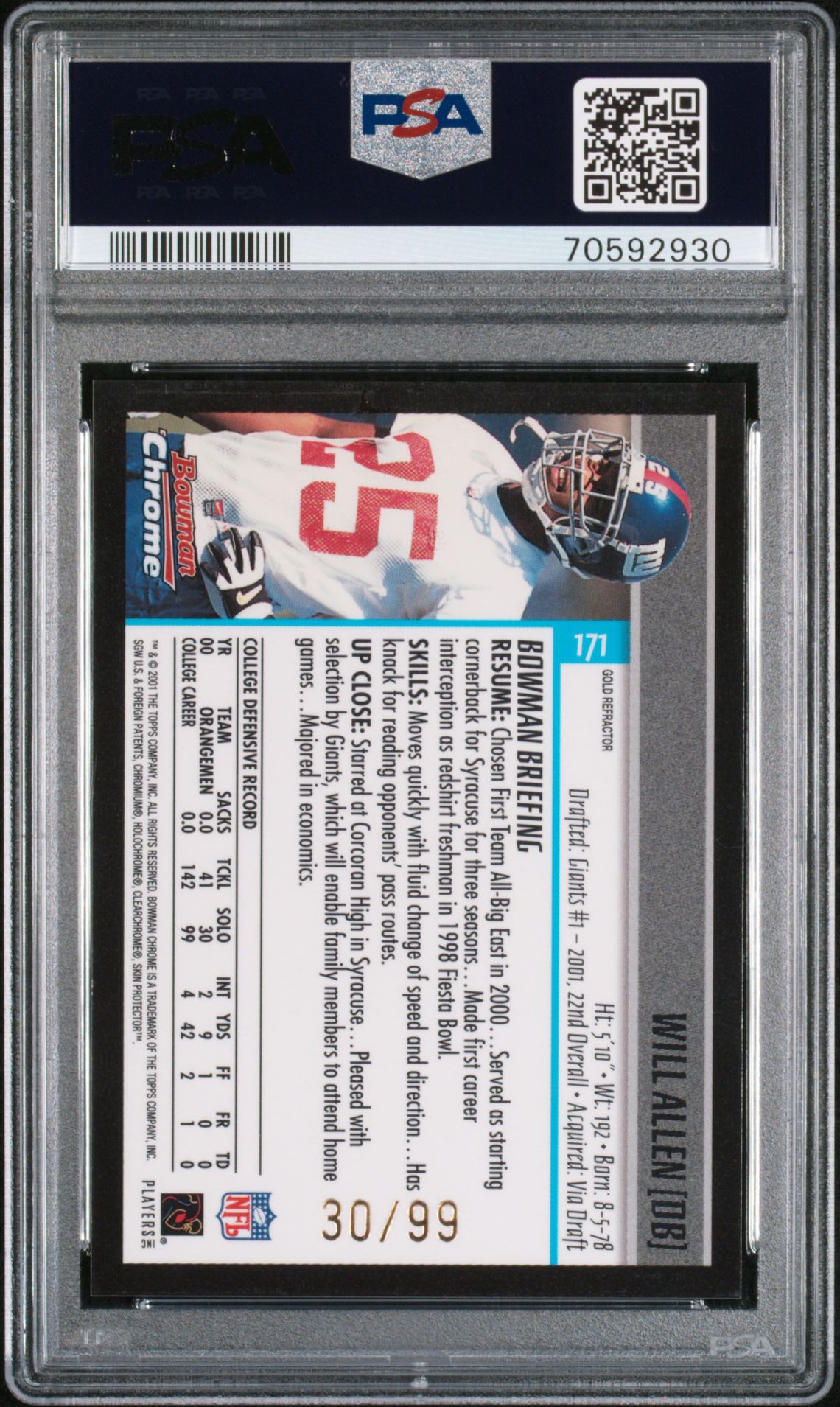 2001 Bowman Chrome Will Allen #171 (Gold Refractor) Nm 7 back