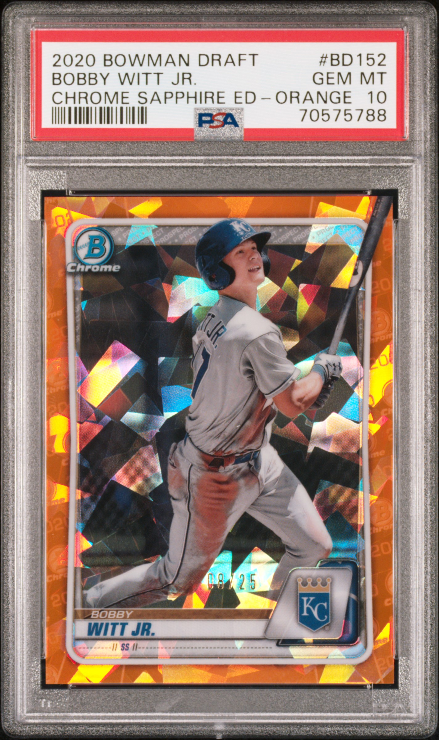 2020 Bowman Draft Chrome Sapphire Edition Orange #BD-152 Bobby Witt Jr. Rookie Card (#08/25) – PSA GEM MT 10