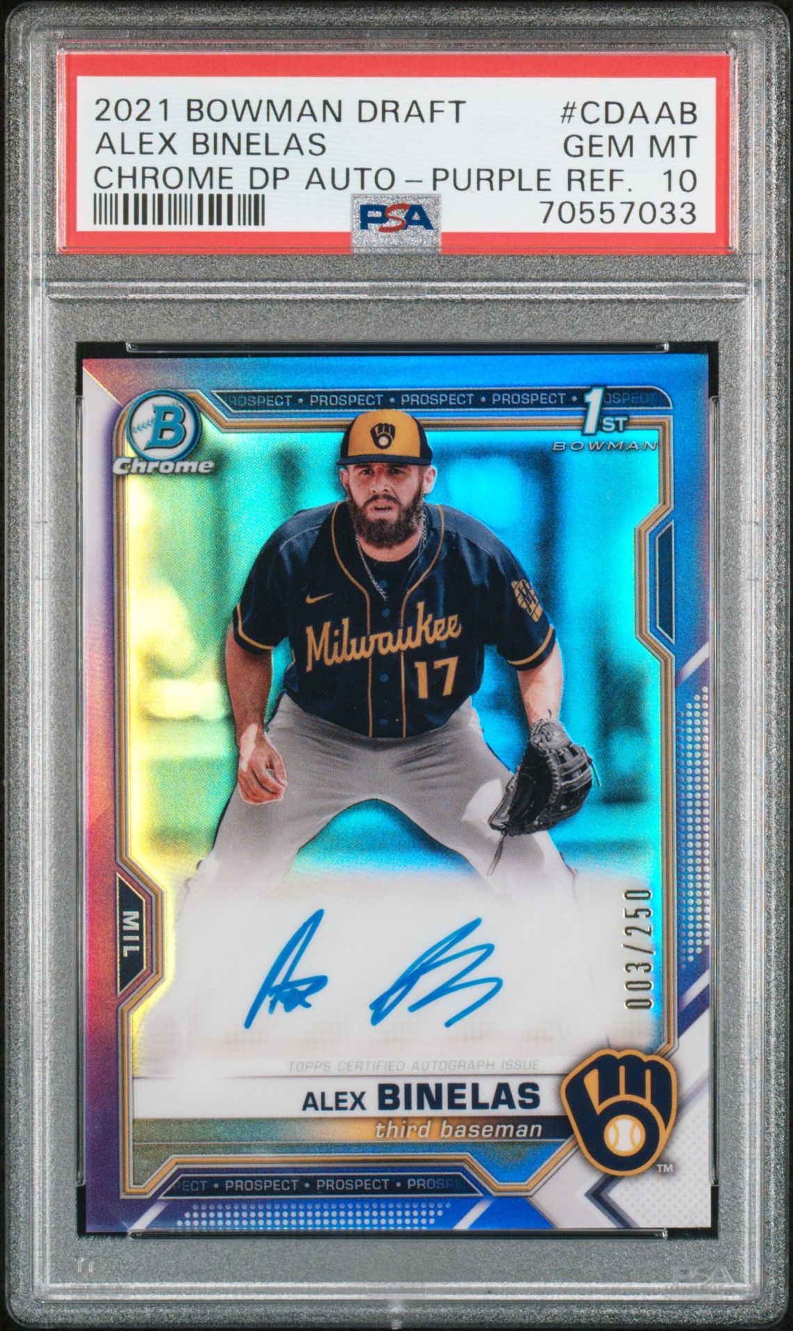 2021 Bowman BOWMAN DRAFT CHROME DRAFT PICK AUTOGRAPHS Purple Refractor #CDAAB Alex Binelas front