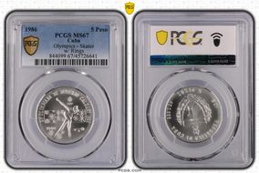 1986 5 Peso Olympics - Skater w/ Rings MS67