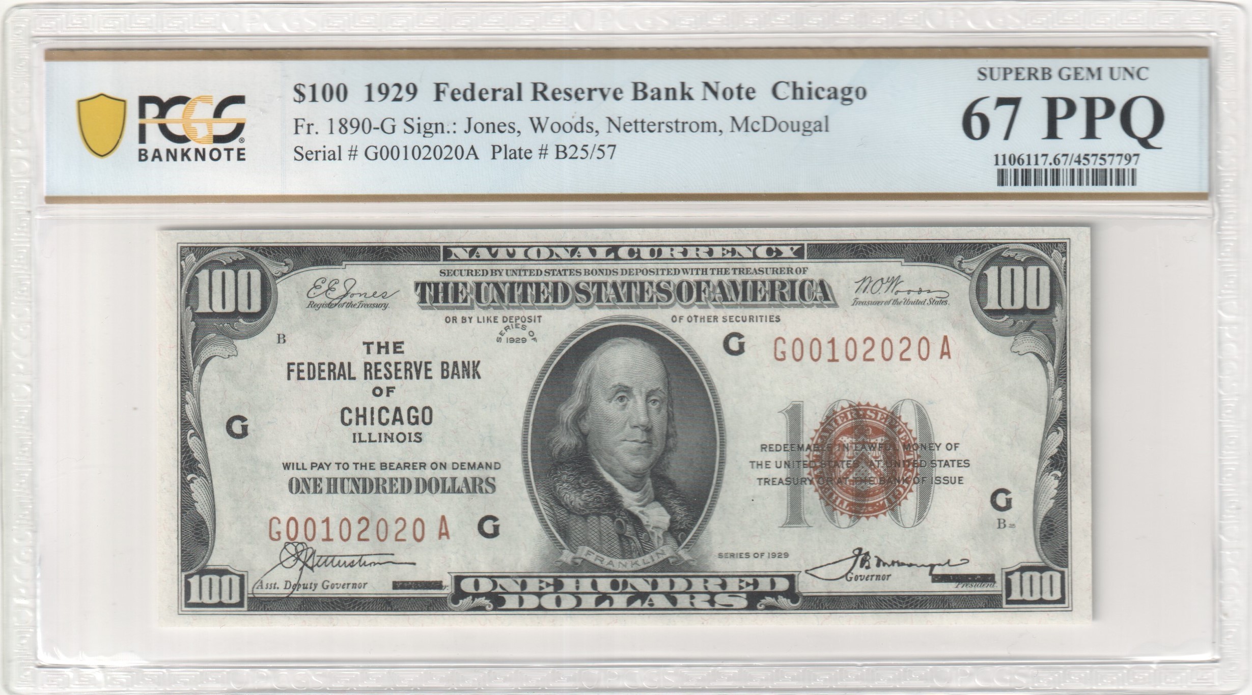 Fr 1890 G 1929 100 Federal Reserve Bank Note Chicago Pcgs Notefacts