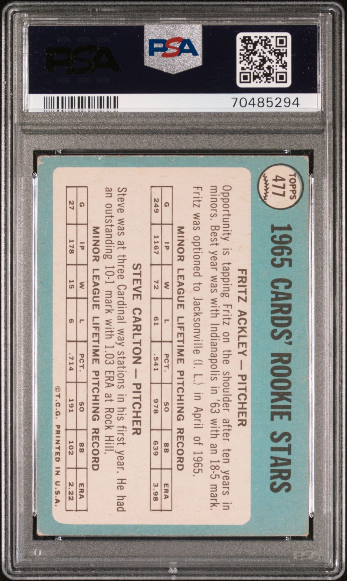 1965 Topps Cardinals Rookies #477 (F.ackley/S.carlton) Vg 3 back