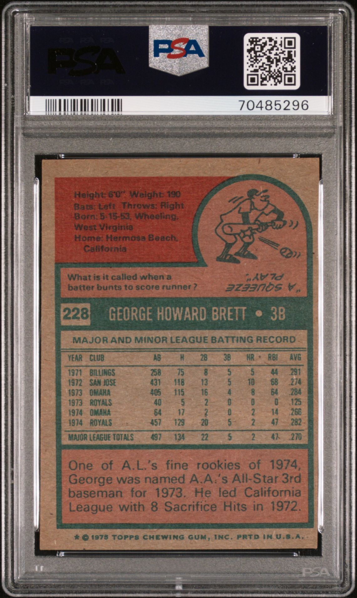 1975 Topps George Brett #228 Ex 5 back