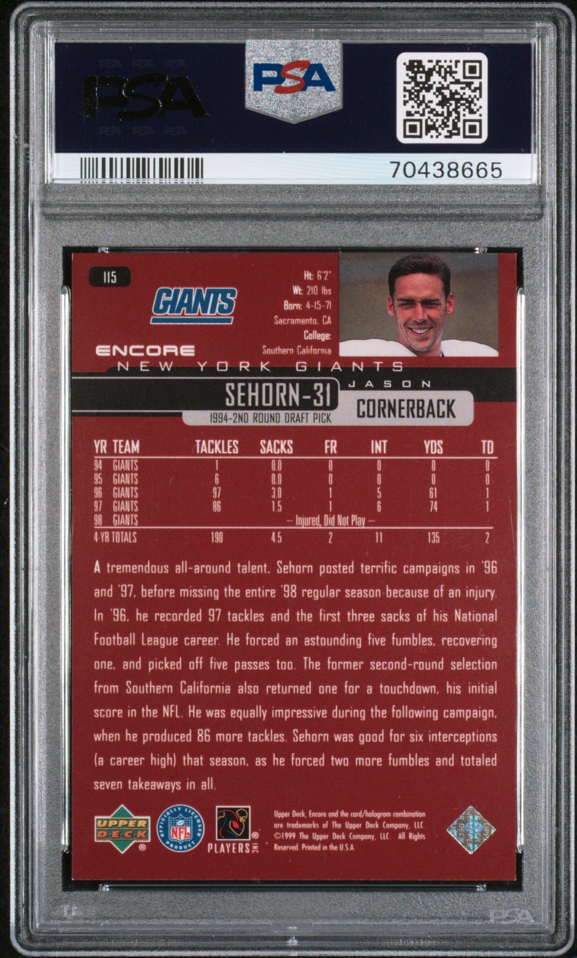 1999 Upper Deck Encore Jason Sehorn #115 (Gold F/X-1/1) Nm-Mt 8 back