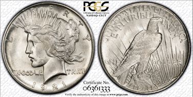 1921 $1 High Relief, Peace MS66