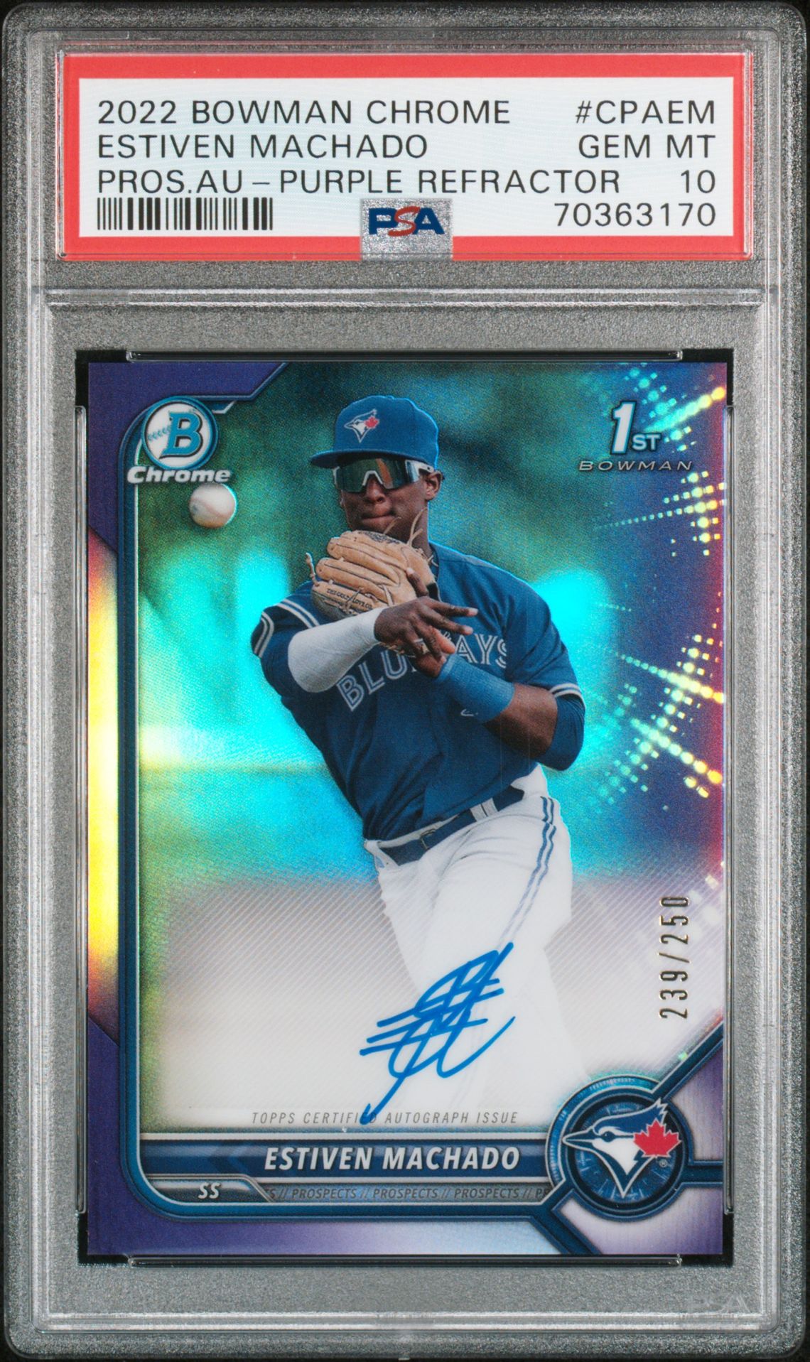 2022 Bowman BOWMAN CHROME PROSPECT AUTOGRAPHS PROS.AU-PURPLE REFRACTOR #CPAEM Estiven Machado front