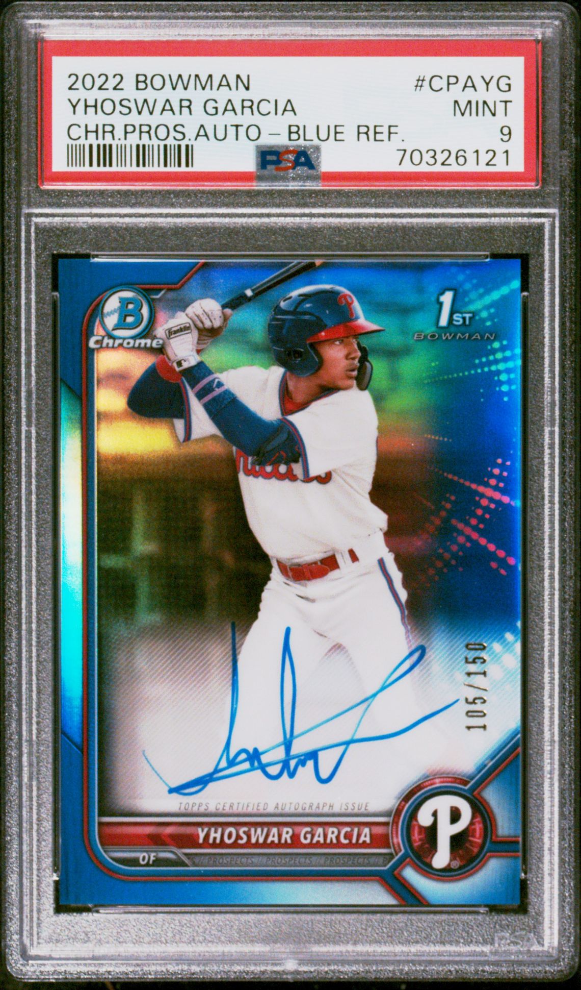 2022 Bowman BOWMAN CHROME PROSPECT AUTOGRAPHS CHR.PROS.AUTO-BLUE REF. #CPAYG Yhoswar Garcia front