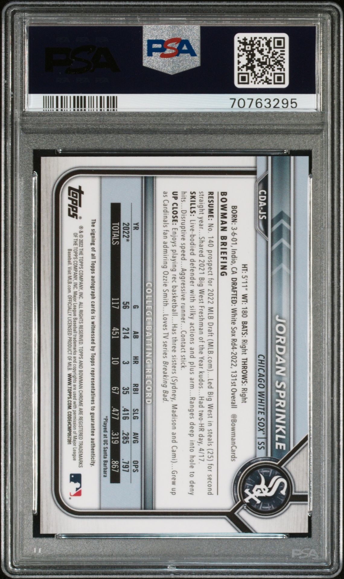 2022 Bowman Draft Chrome Draft Pick Autographs Jordan Sprinkle #Cdajs (Chrome Draft Pick Auto.) Gem Mt 10 back view - PSA certificate #70763295