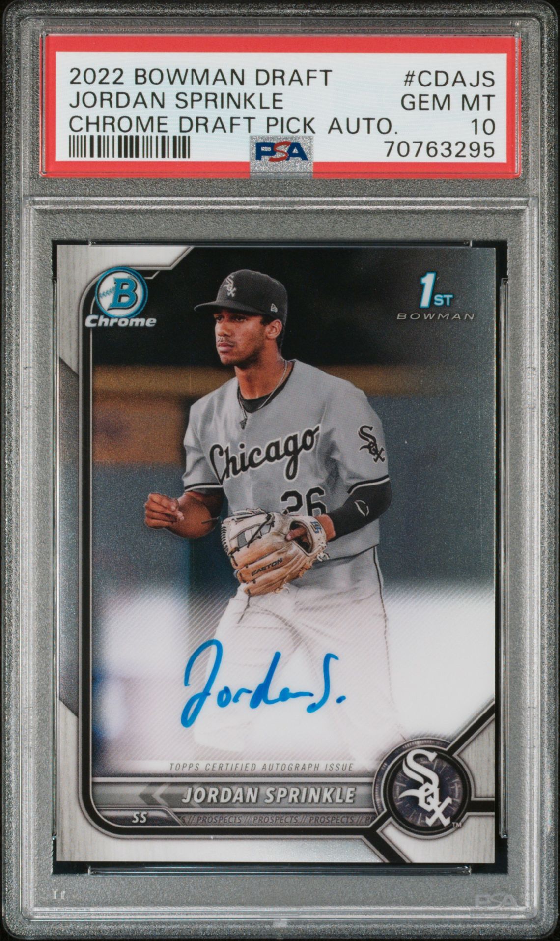 2022 Bowman Draft Chrome Draft Pick Autographs Jordan Sprinkle #Cdajs (Chrome Draft Pick Auto.) Gem Mt 10 front view - PSA graded GEM MT 10