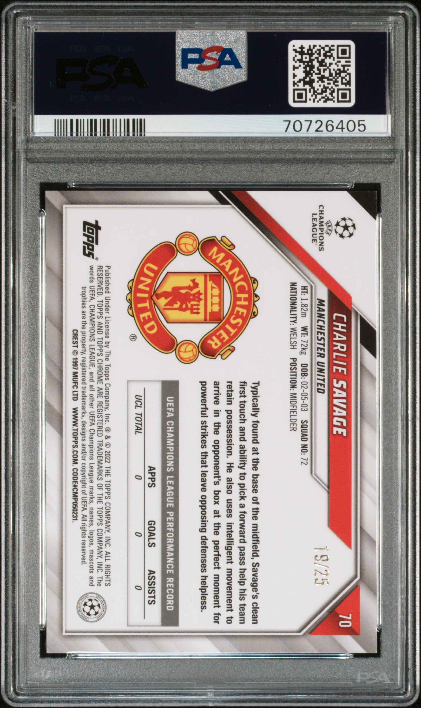 2021 Topps Chrome Uefa Champions League Charlie Savage #70 (Orange Refractor) Gem Mt 10 back