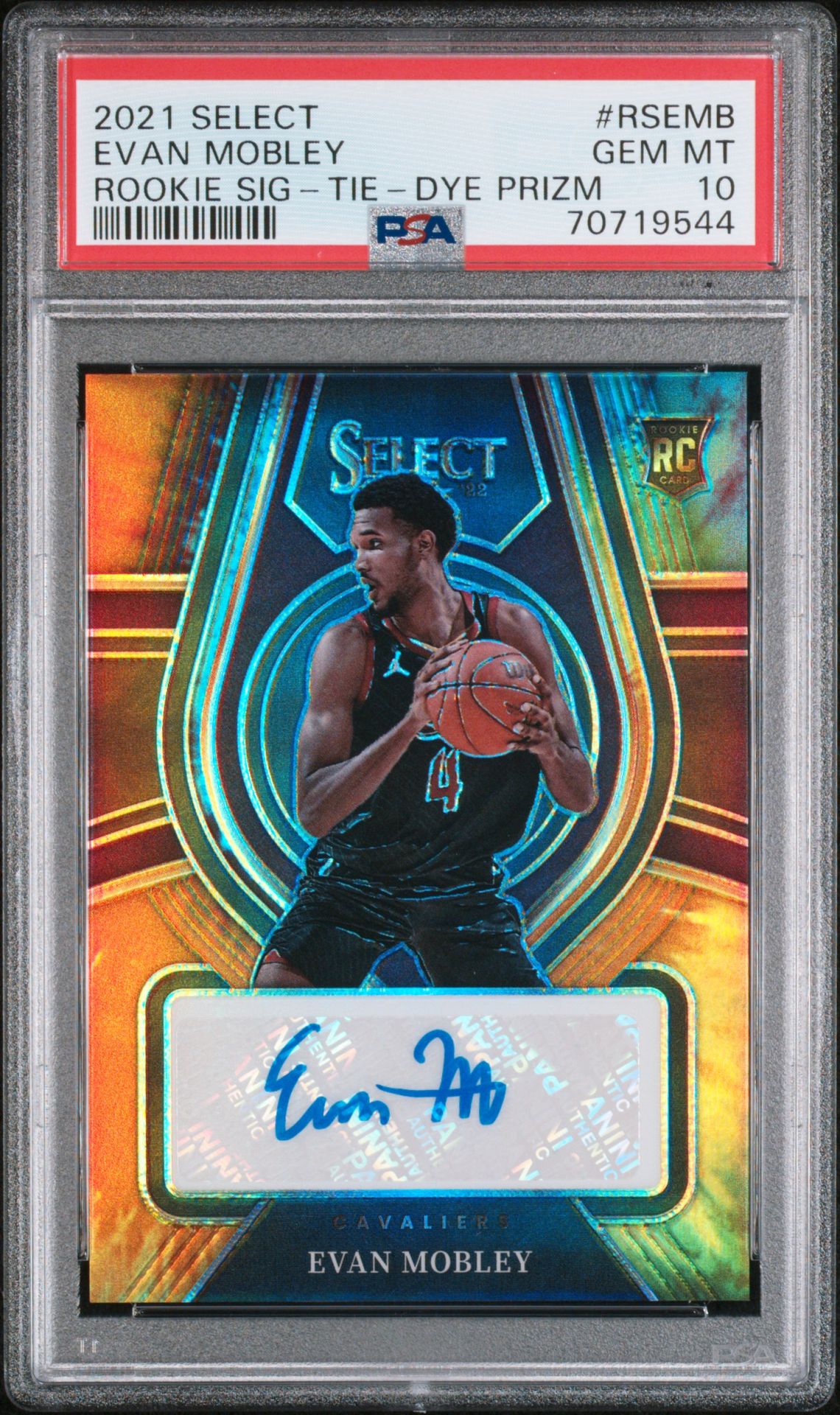 2021 Panini PANINI SELECT ROOKIE SIGNATURES TIE-DYE PRIZM #RSEMB Evan Mobley front
