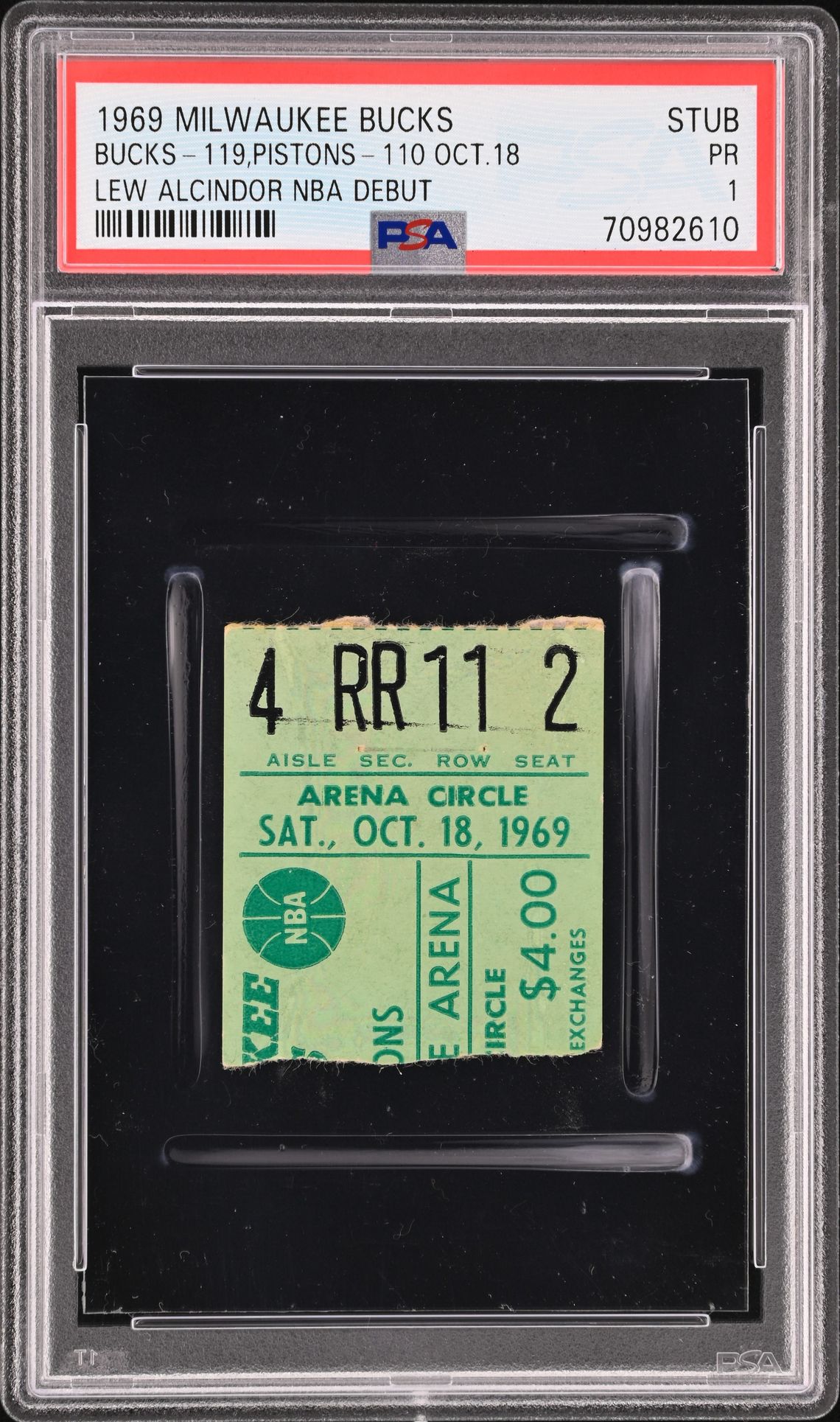 Kareem Abdul-Jabbar debut ticket, the PSA PR 1 Lew Alcindor NBA debut stub from 18 October 1969