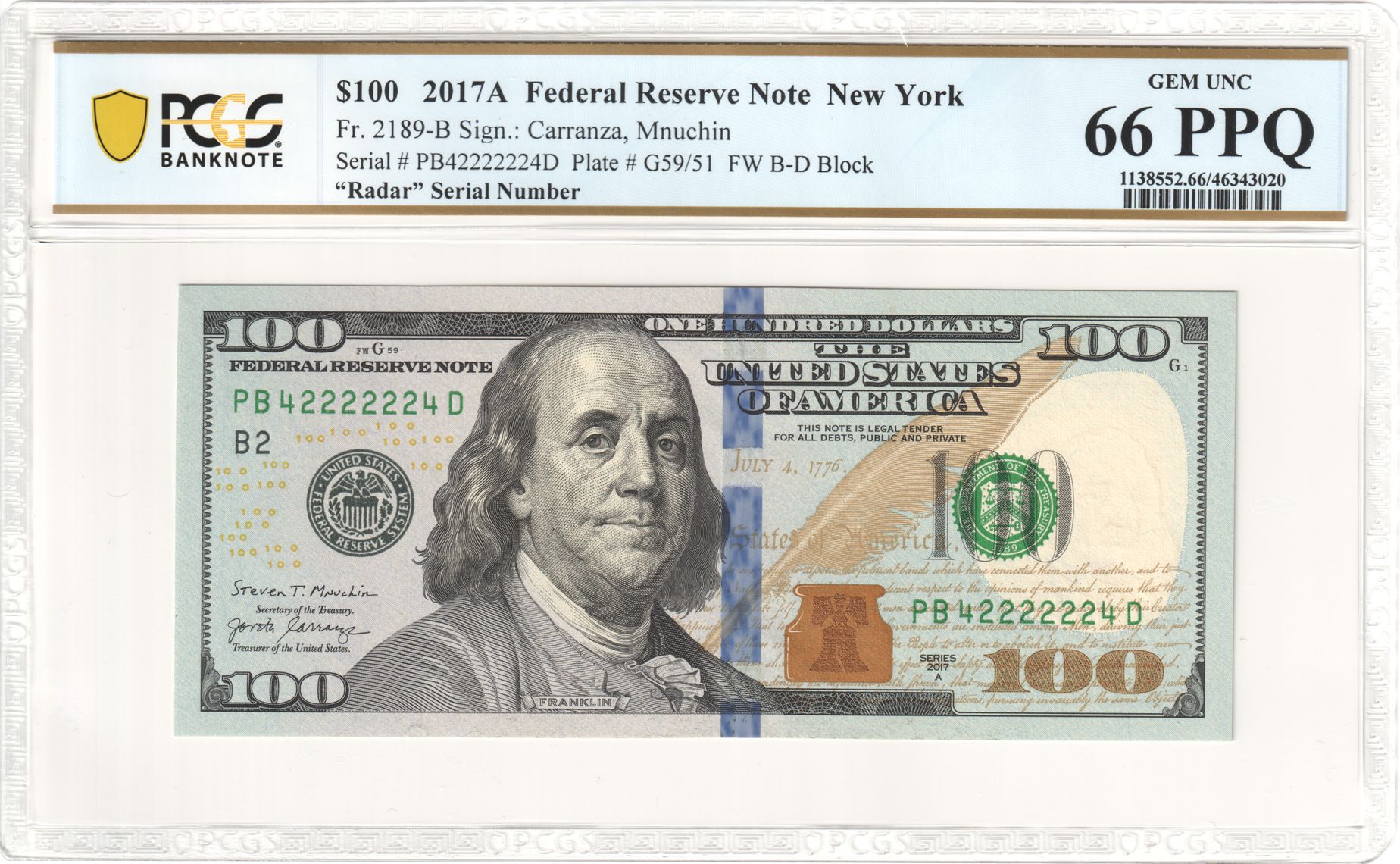 Fr. 2189-B 2017A $100 Federal Reserve Note New York - PCGS NoteFacts
