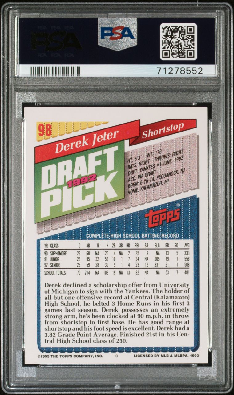 2006 Topps Reprint #98 DEREK JETER 1992 Draft Pick - GSA 10