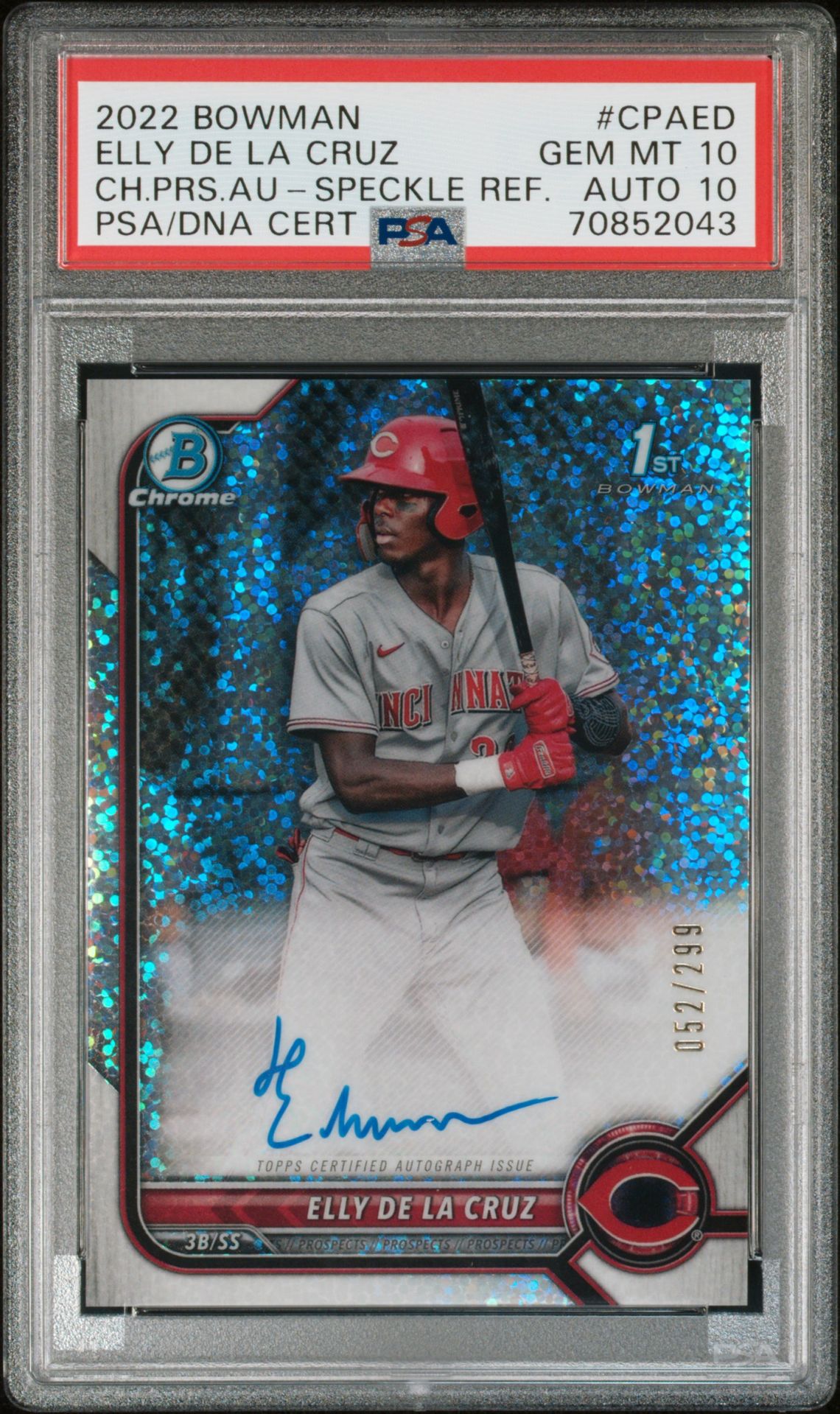 2022 Bowman BOWMAN CHROME PROSPECT AUTOGRAPHS CH.PRS.AU-SPECKLE REF.CertificationPrimary Signer (1 Signer)ELLY DE LA CRUZ #CPAED Elly De La Cruz front