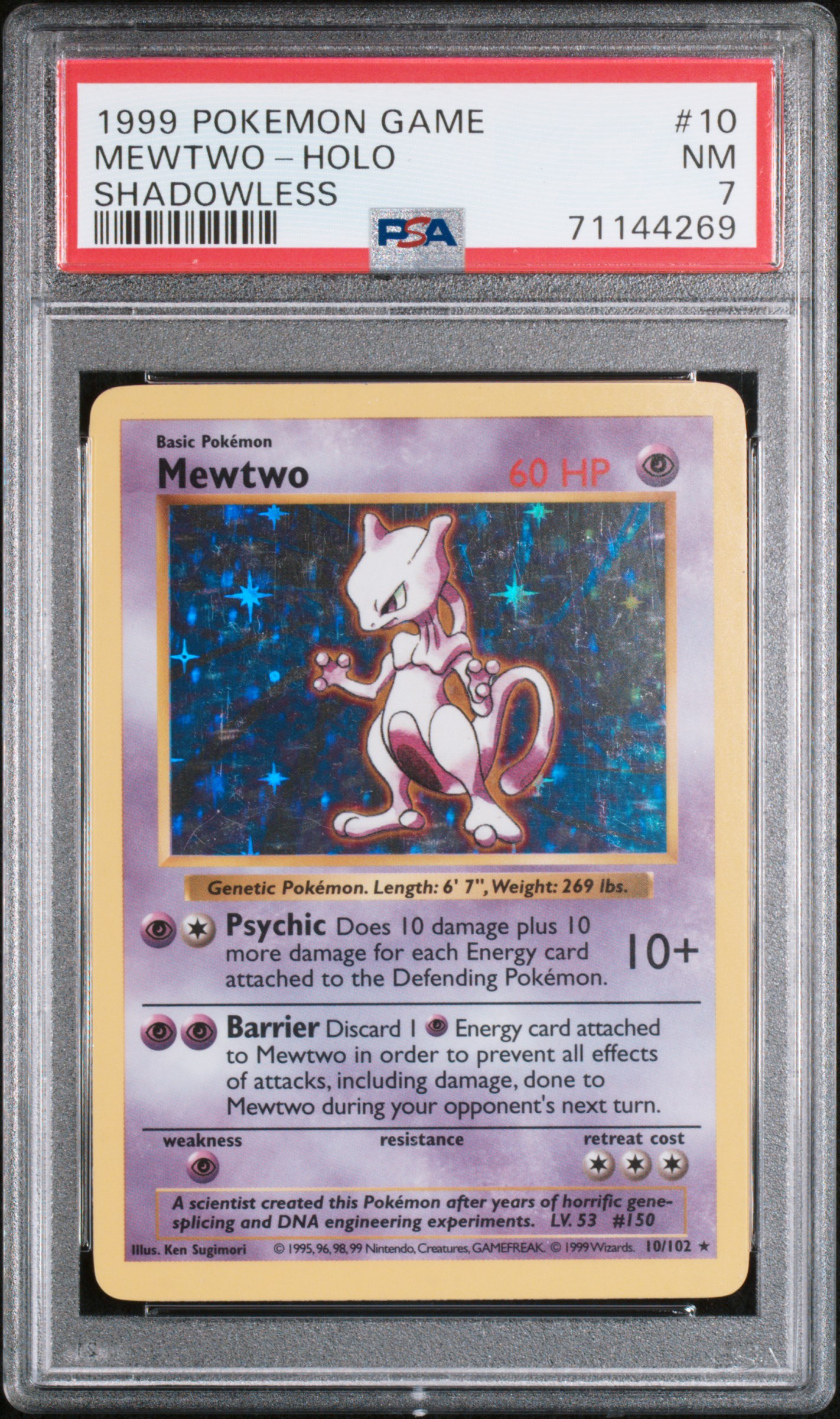 1999 #10 Mewtwo-Holo Shadowless PSA 7 Game