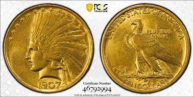 1907 $10 Indian AU58