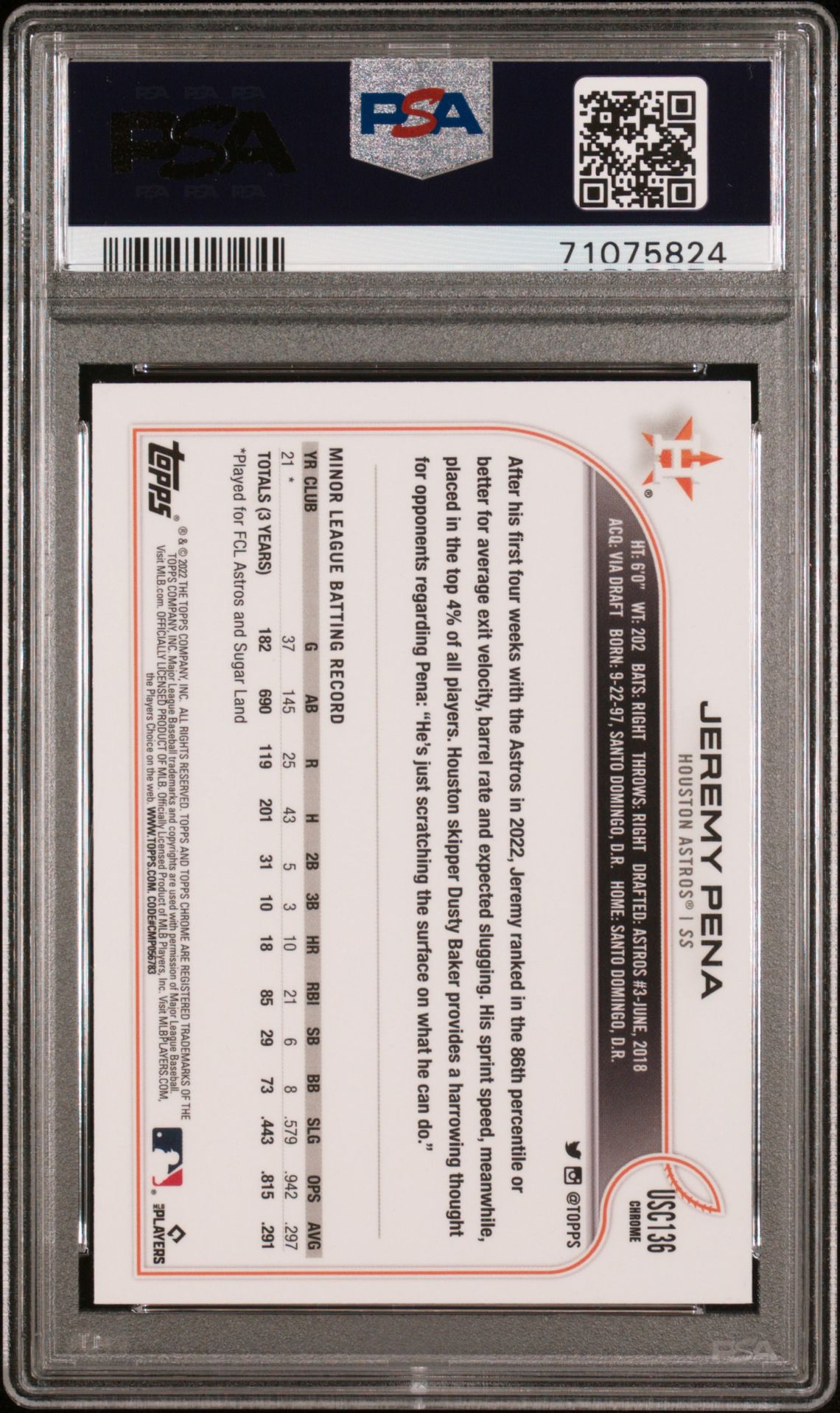 2022 Topps Chrome Update Jeremy Pena #Usc136 Mint 9 back