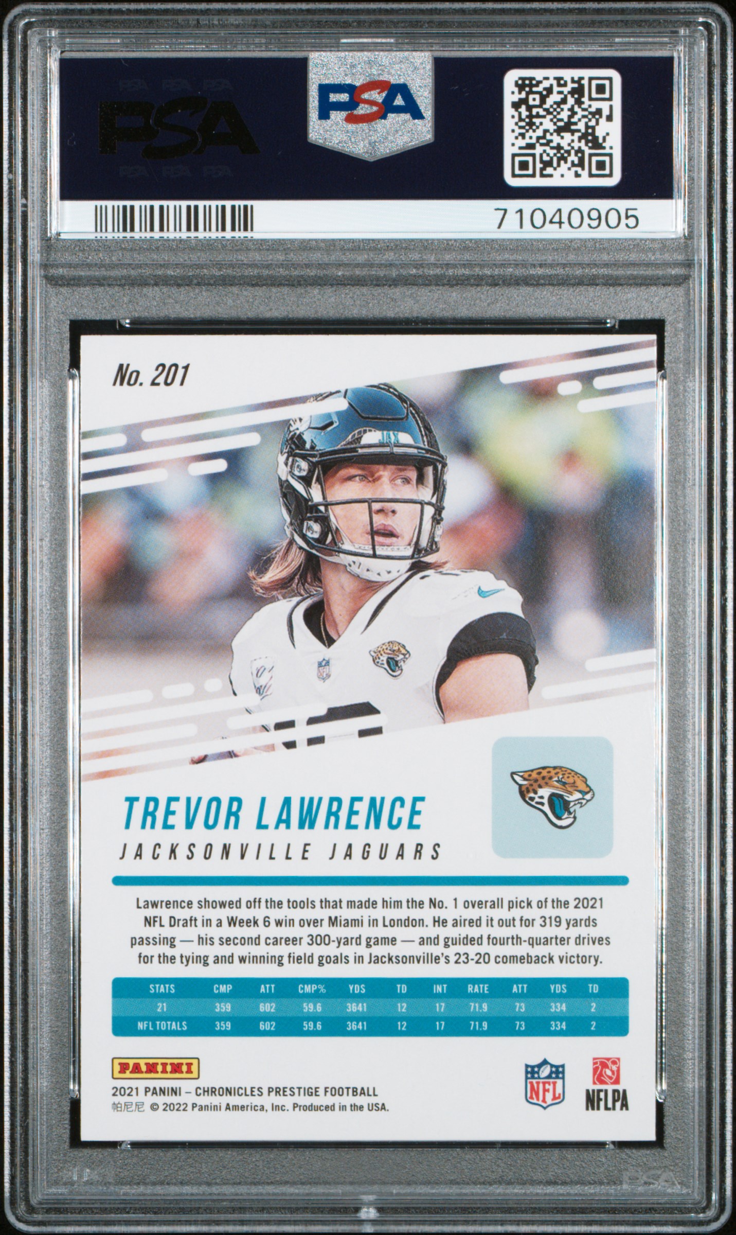 2021 Panini Chronicles Prestige Rookie Update Trevor Lawrence #201 (Prestige Rookie Update) Gem Mt 10 back