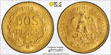 1919-Mo 2 Peso KM-461  Au MS65