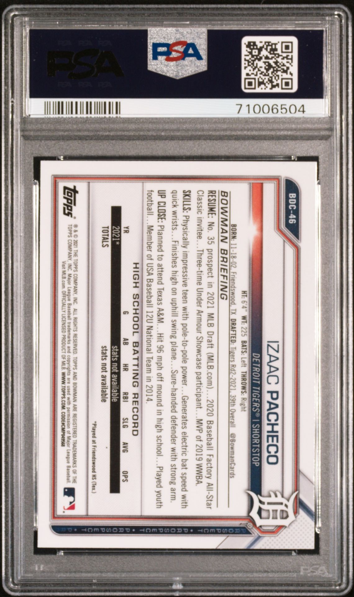 2021 Bowman Draft Izaac Pacheco #Bdc46 (Chrome-B/W Raywave Ref.) Mint 9 back