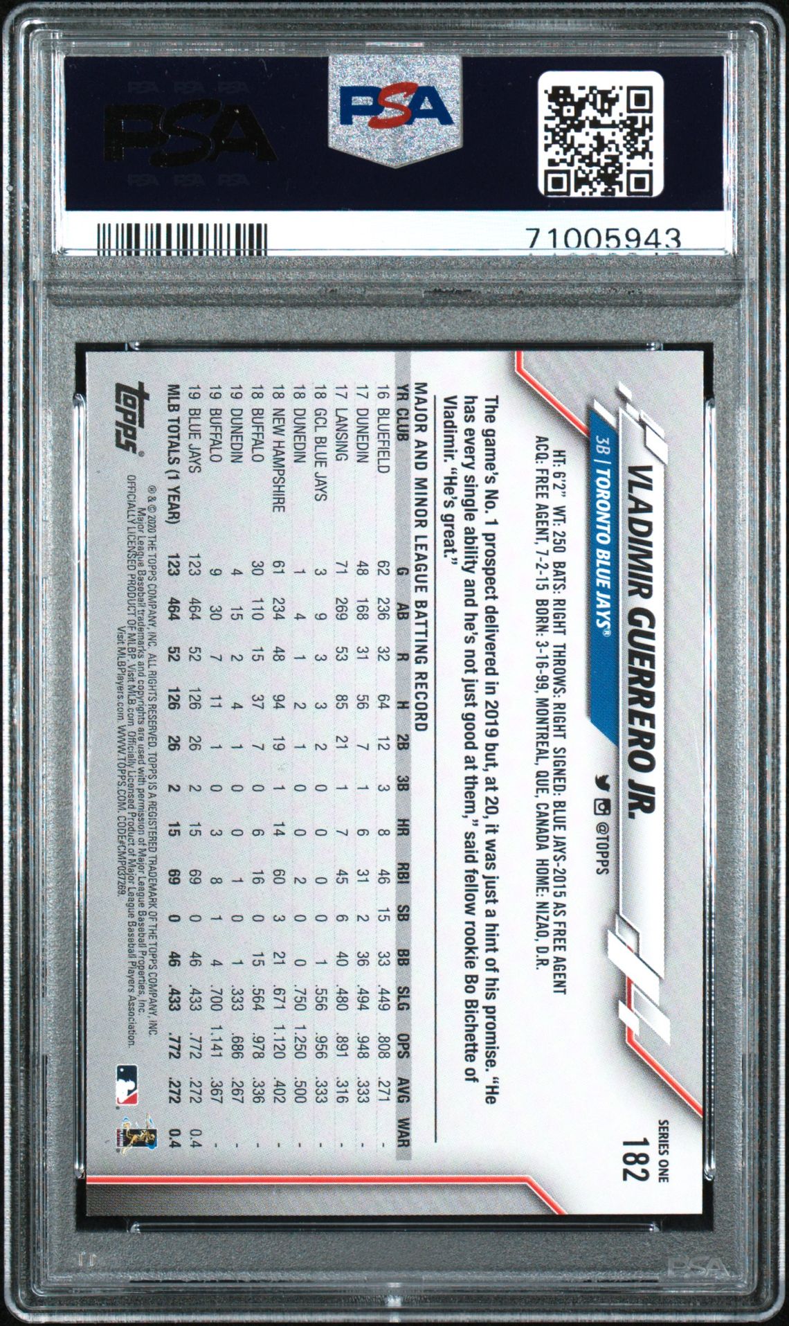 2020 Topps Vladimir Guerrero Jr. #182 Gem Mt 10 back view - PSA certificate #71005943