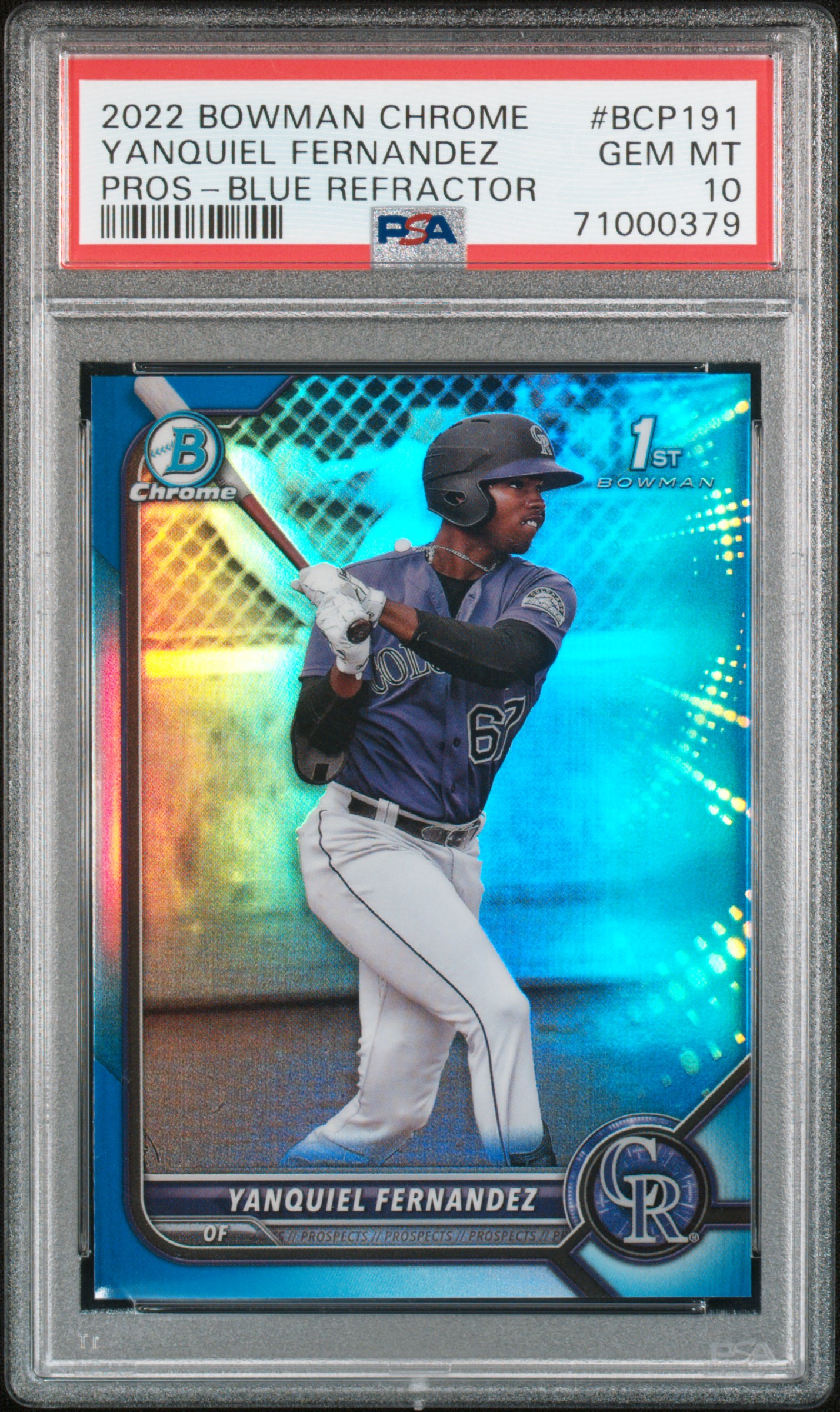 2022 Bowman Chrome Prospects Yanquiel Fernandez #Bcp191 (Pros-Blue Refractor) Gem Mt 10 front