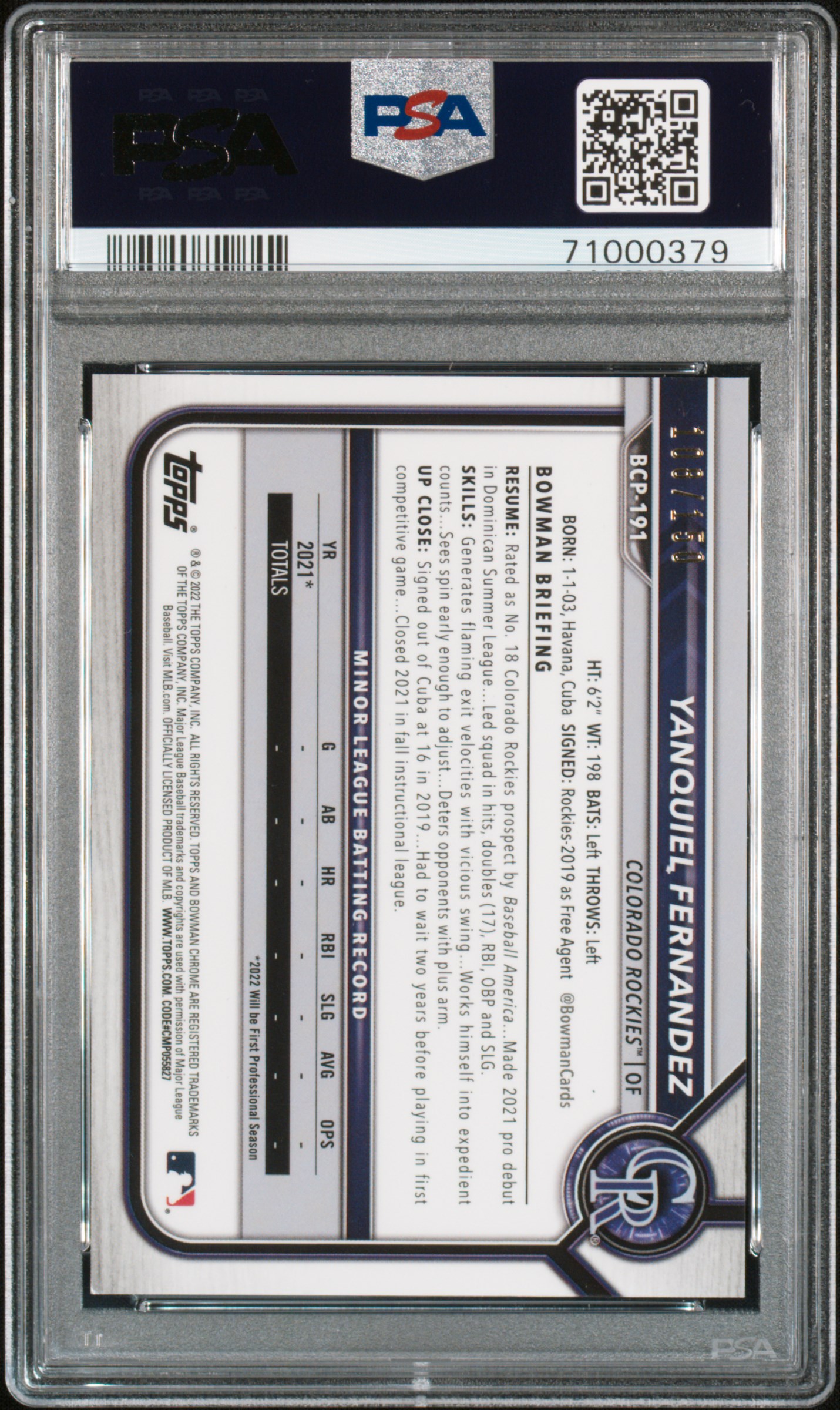 2022 Bowman Chrome Prospects Yanquiel Fernandez #Bcp191 (Pros-Blue Refractor) Gem Mt 10 back