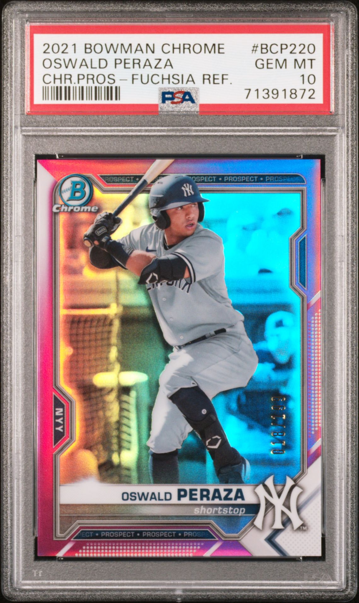2021 Bowman Chrome BOWMAN CHROME PROSPECTS CHR.PROS-FUCHSIA REF. #BCP220 Oswald Peraza front