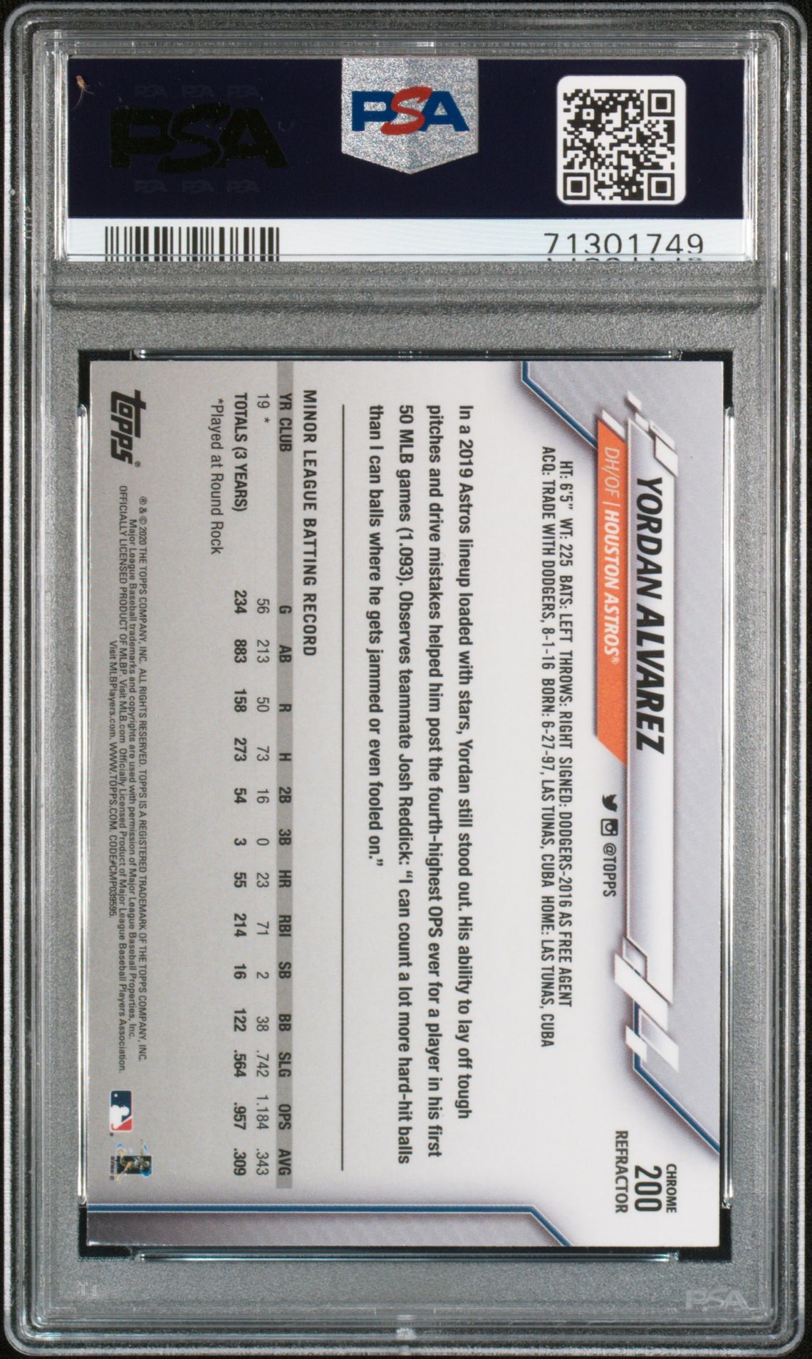 2020 Topps Chrome Yordan Alvarez #200 (Pink Refractor) Gem Mt 10 back