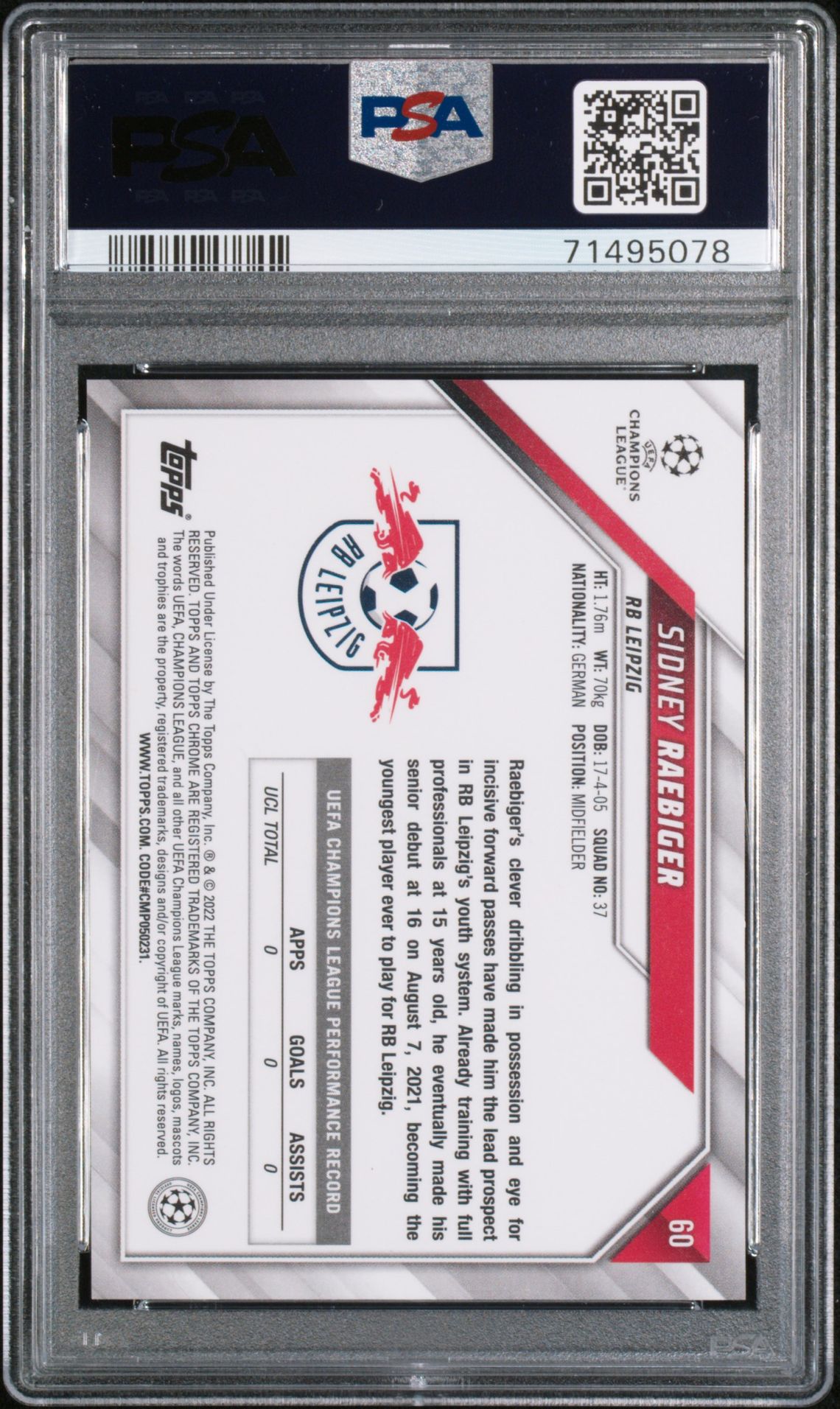 2021 Topps Chrome Uefa Champions League Sidney Raebiger #60 (Black & White Raywave Ref.) Gem Mt 10 back