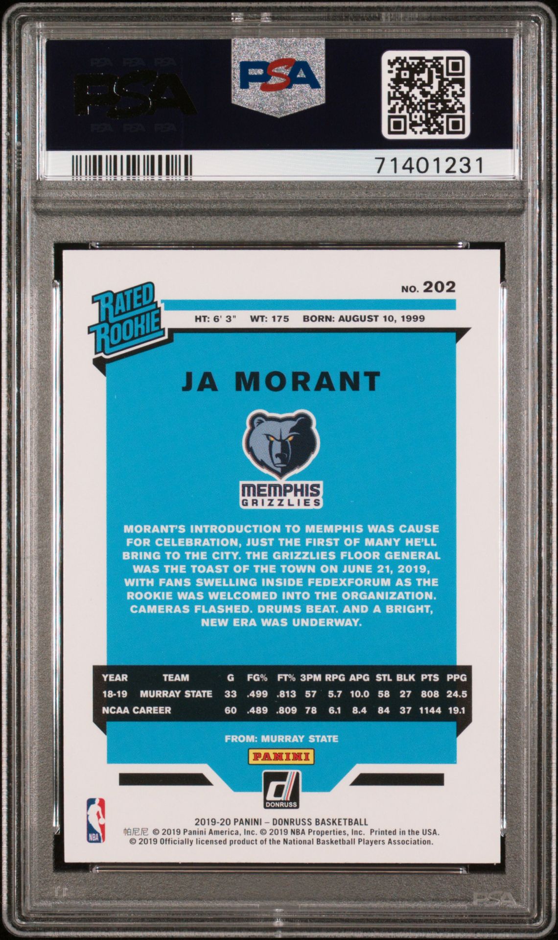 2019 Panini Donruss Ja Morant #202 Gem Mt 10 back