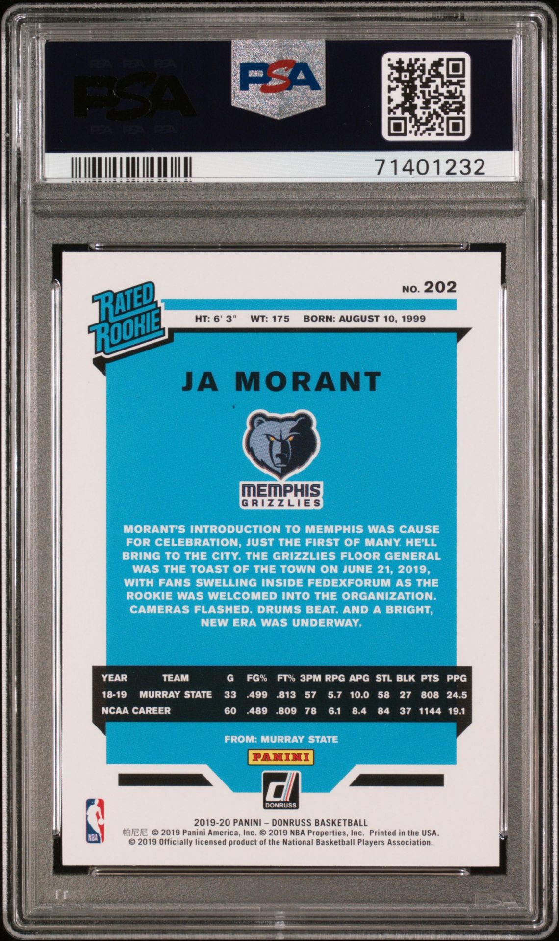 2019 Panini Donruss Ja Morant #202 Gem Mt 10 back