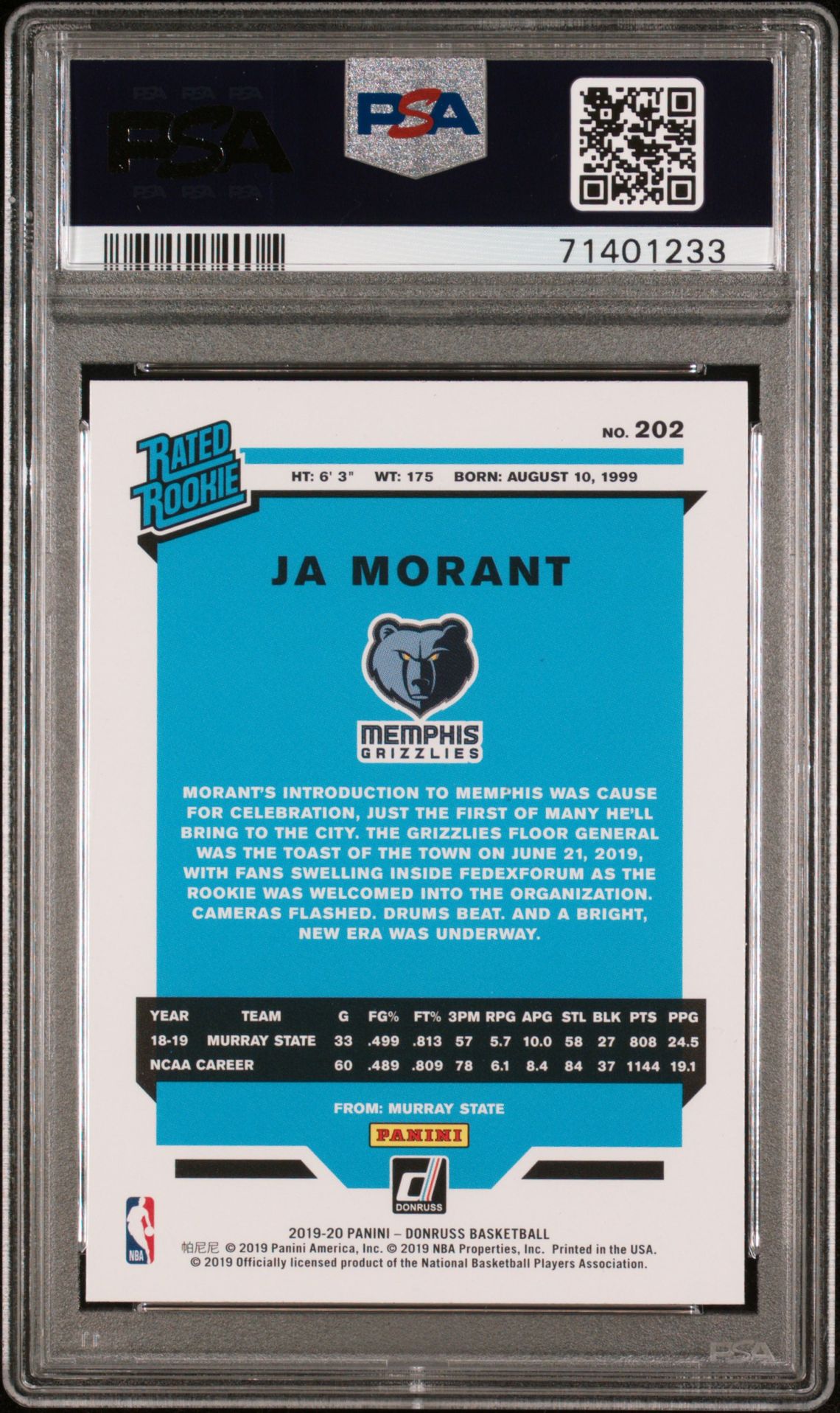 2019 Panini Donruss Ja Morant #202 Gem Mt 10 back