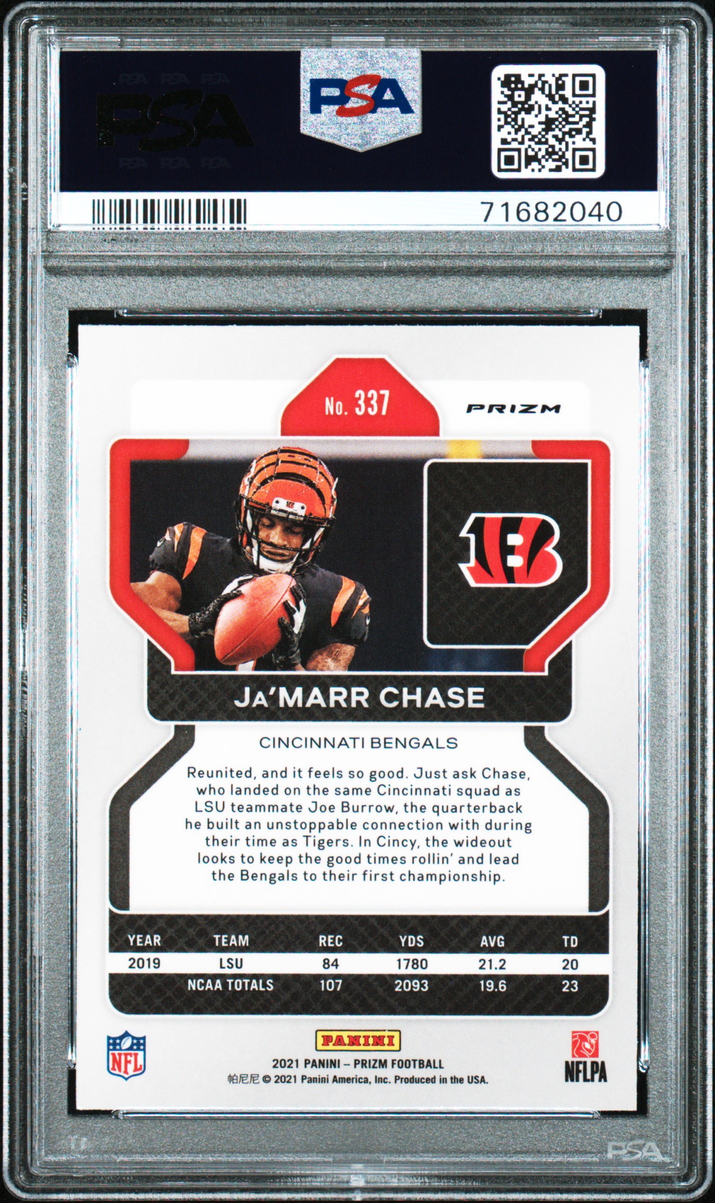 2021 Panini Prizm Ja’marr Chase #337 (Neon Green Pulsar) Gem Mt 10 back